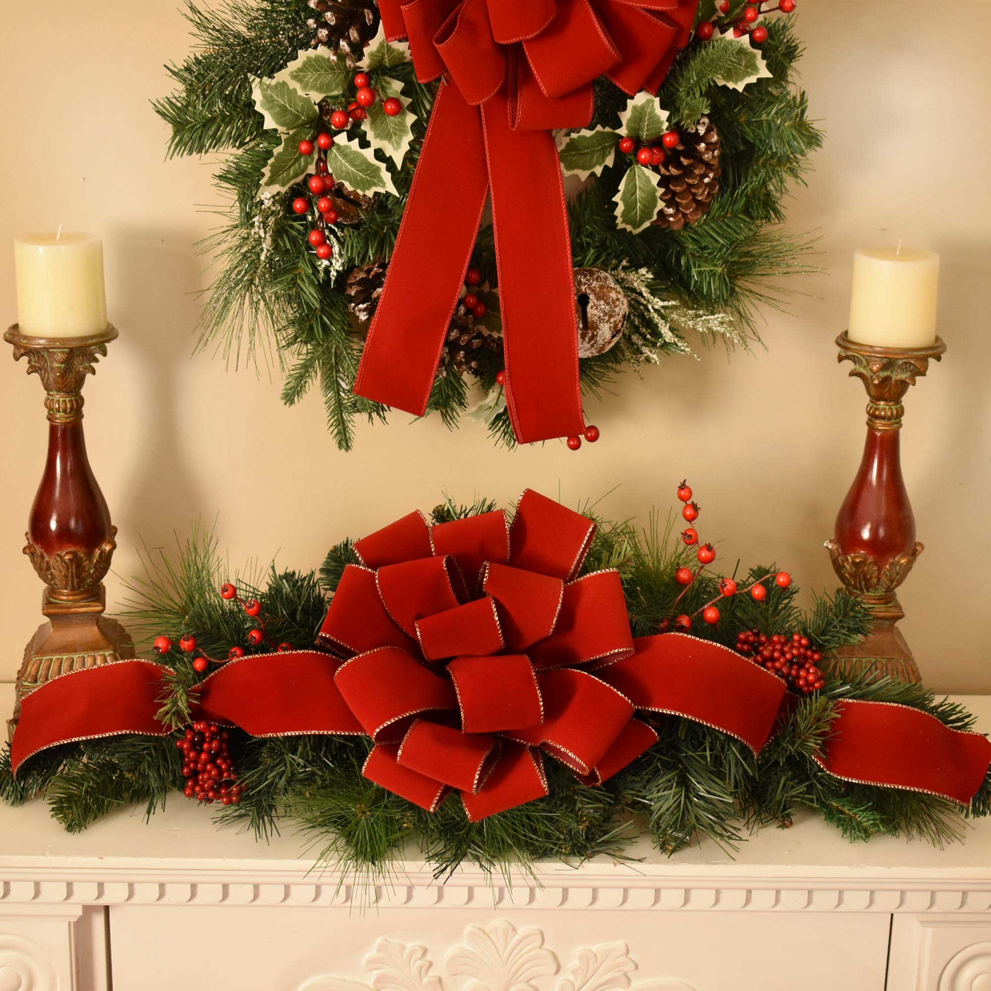 Floral Home Decor Pine and Berry Christmas Swag with Red Bow