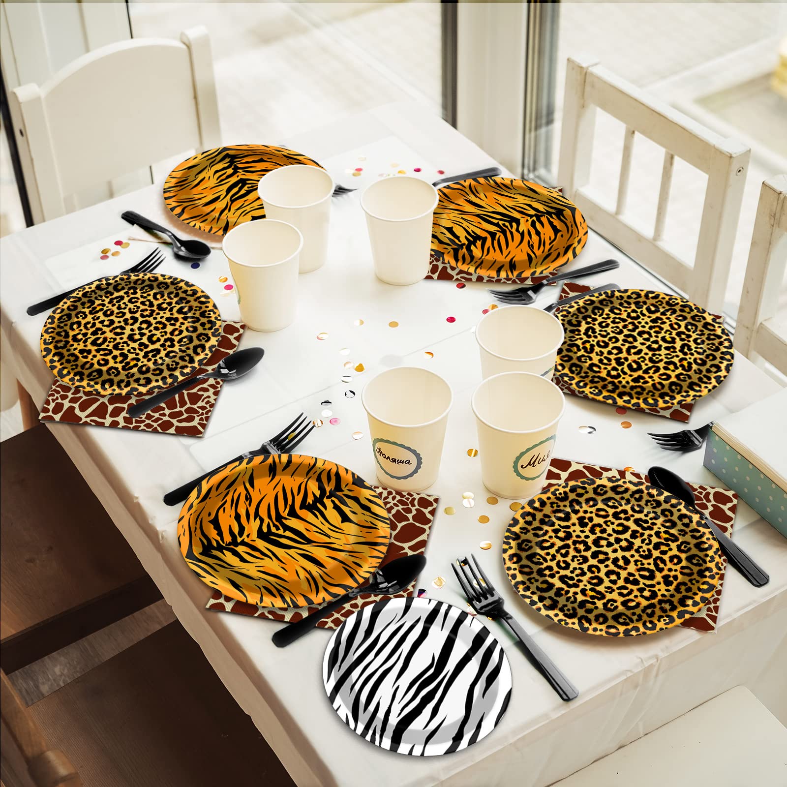 96 Pcs Zoo Animal Safari Print Party Plates and Napkins Party Supplies Animal Print Themed Party Tableware Set Jungle Party Decorations Favors for Kids' Baby's Birthday Baby Shower Serves 24