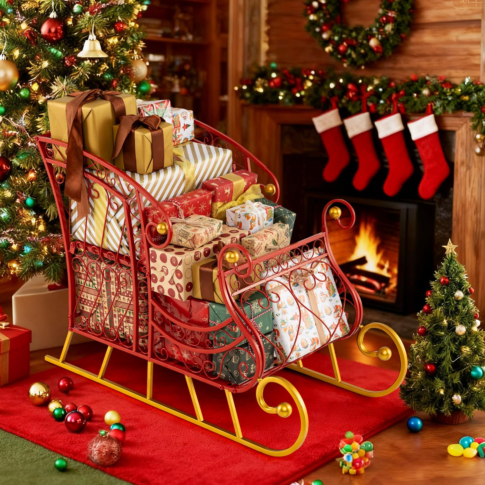 Tangkula Metal Christmas Santa Sleigh Basket, 2-Tier Red Xmas Santa s Gift Storage Sleigh with Large Cargo Area, Festive Decorat