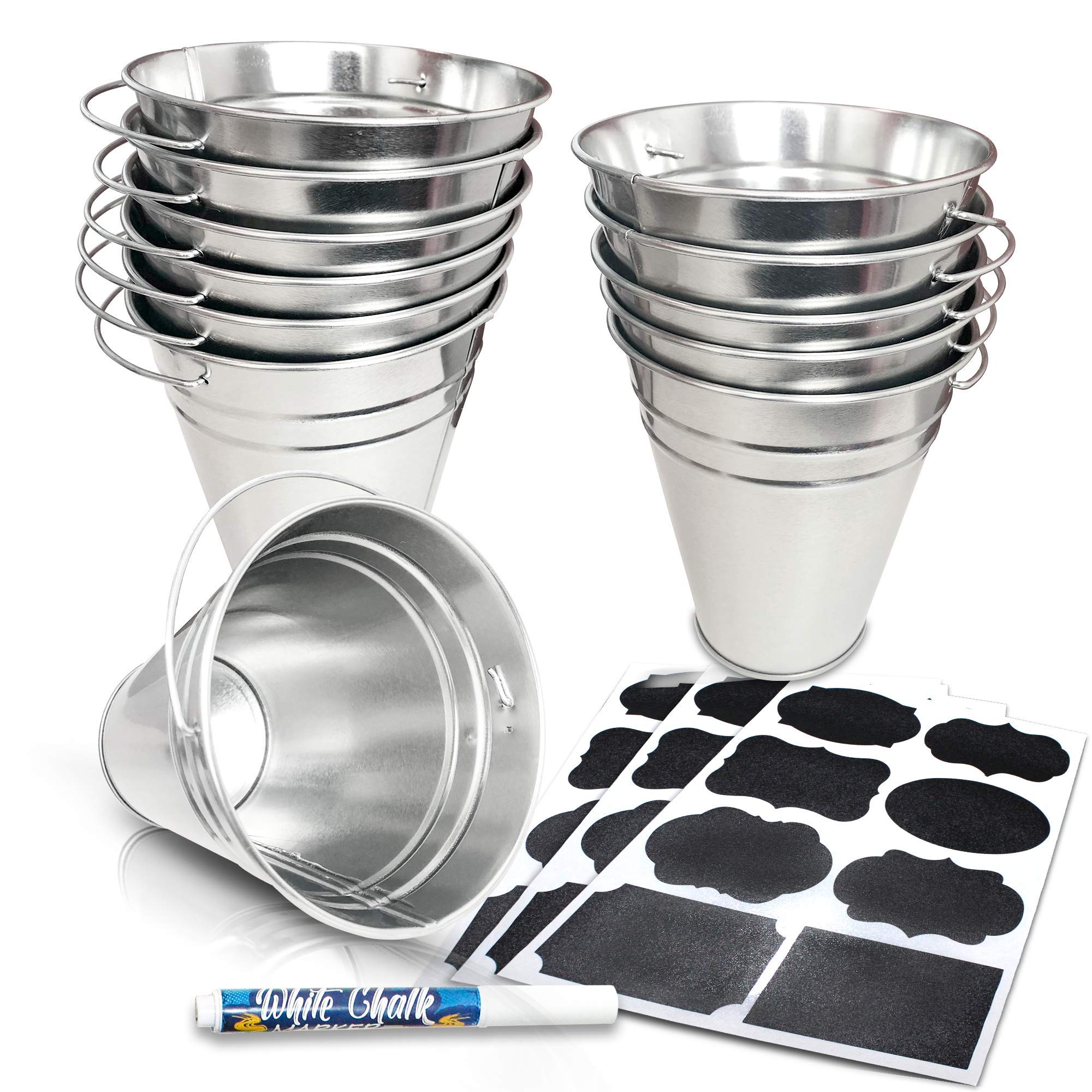Artcreativity Large Galvanized Metal Buckets Set, Includes 12 Rustic Pails With Handles, 24 Chalkboard Labels And 1 Liquid Chalk