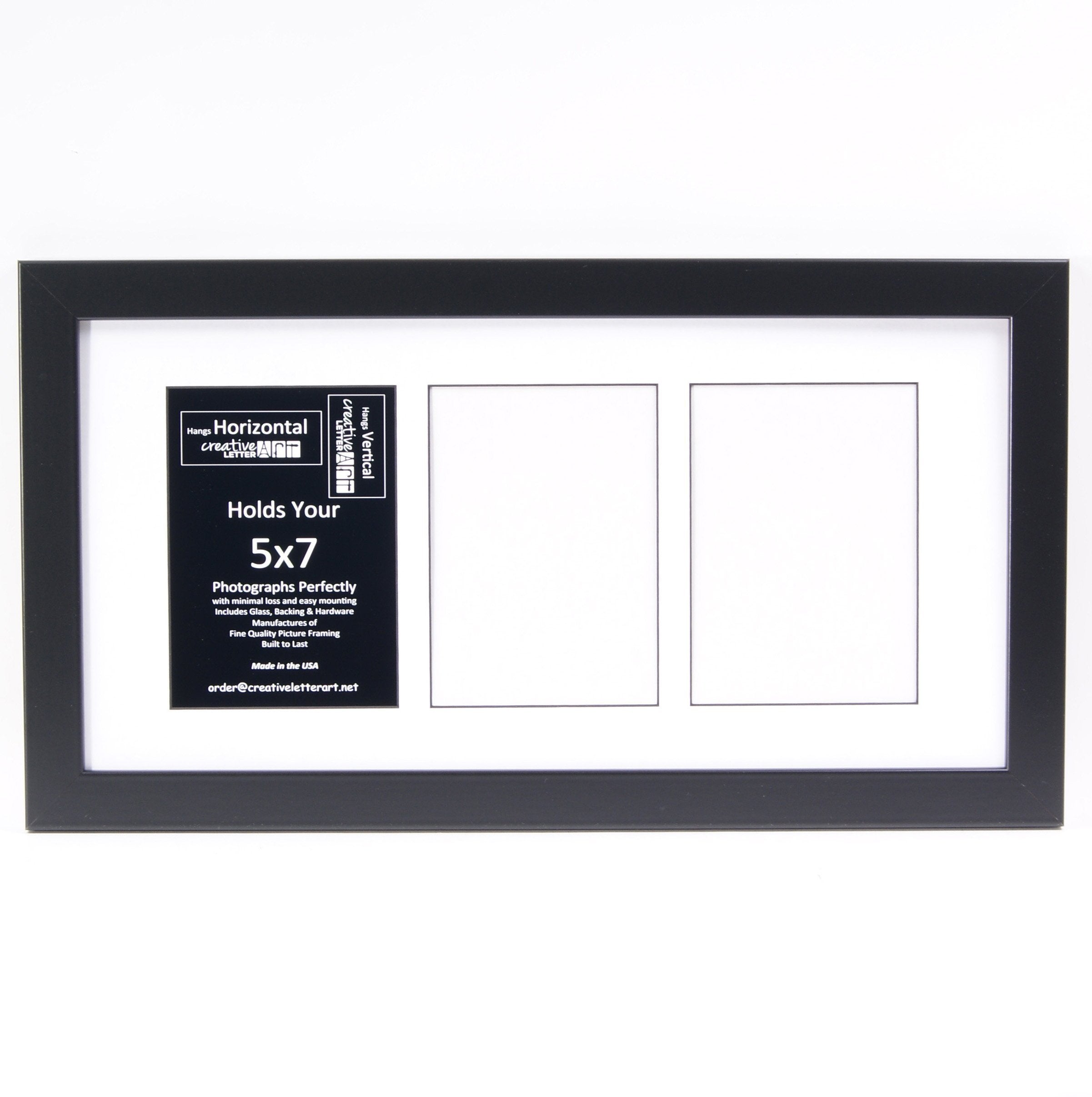 Creative Letter Art 3 Opening Glass Face Black Picture Frame to hold 5 by 7 inch Photographs including 10x20-inch White Mat Coll