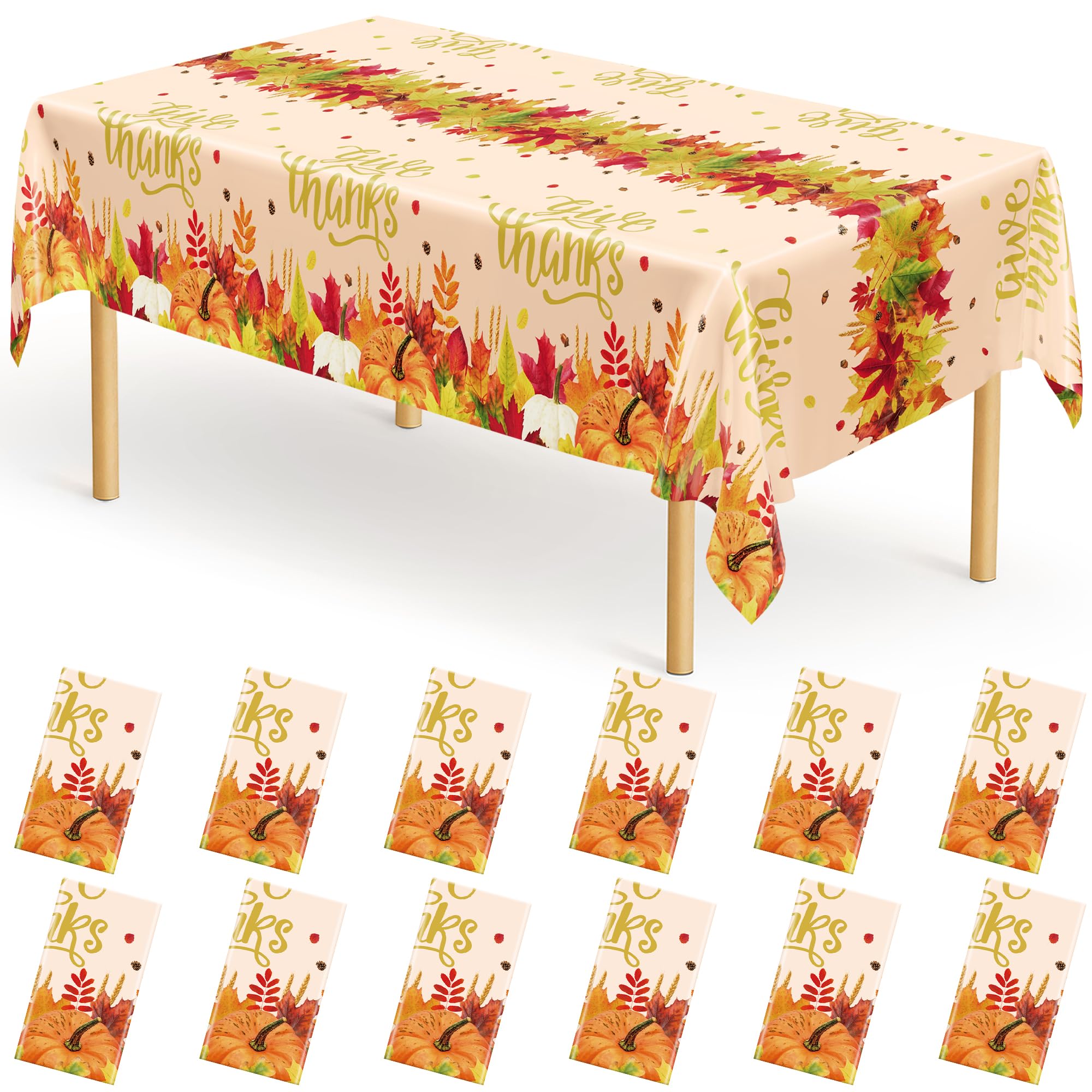 QZYL 12 Pack Thanksgiving Plastic Tablecloths, 54 x 108 Friendsgiving Tablecloth, Maple Leaves Pumpkin Rectangle Table Cloth Dis
