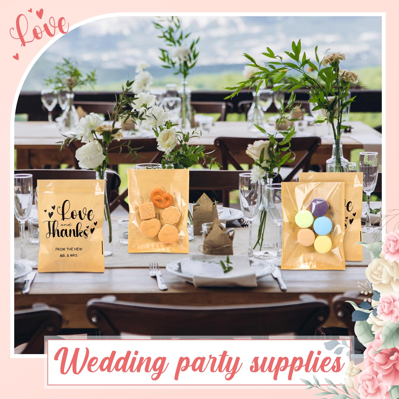 MotiMind 100 Pcs Clear Wedding Cookie Bags Front Paper Self-adhesive Gift Bags Thank You Kraft Paper Treat Candy Container for W