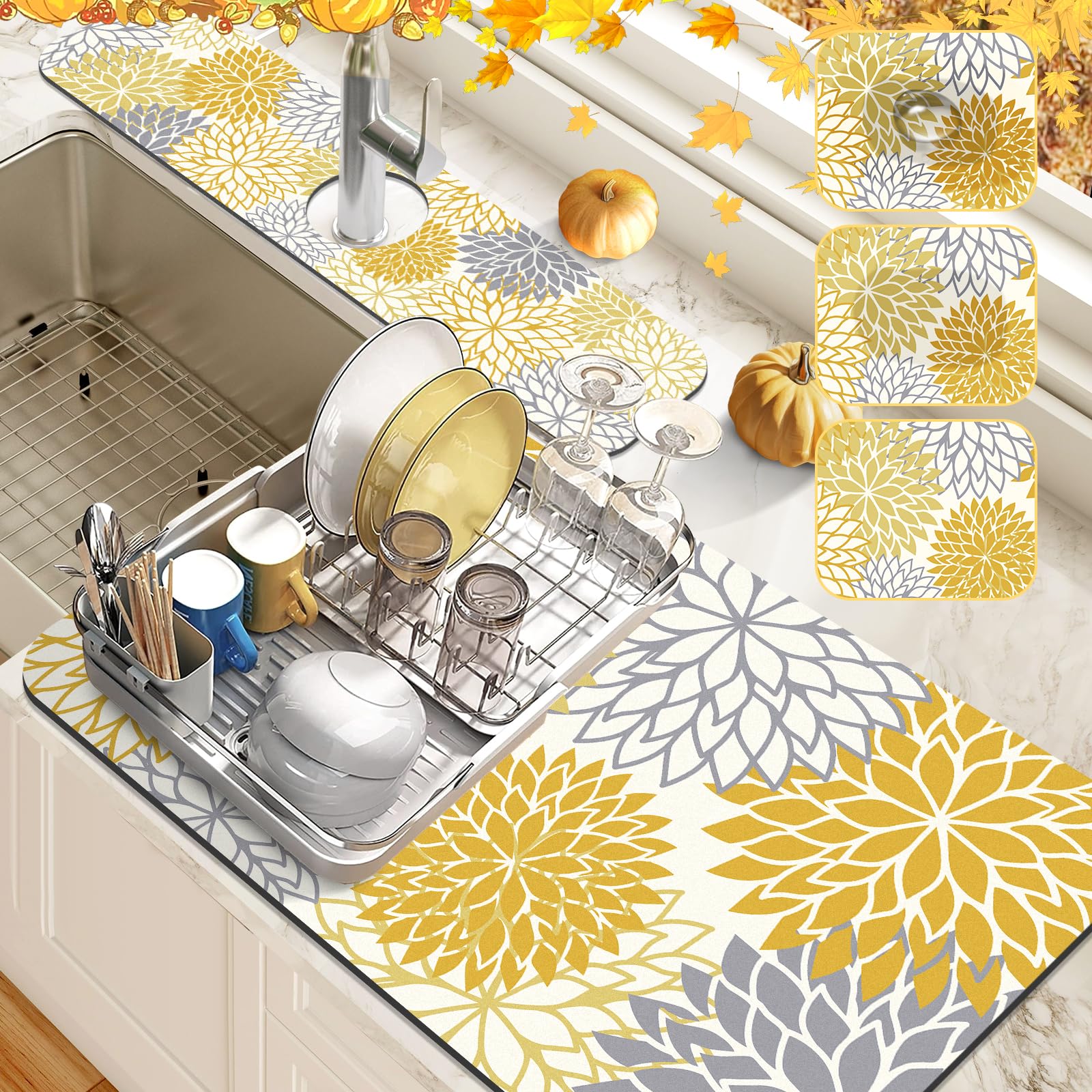Findosom 2PCS 16 x 24 Fall Dish Drying Mat & 24 x 5.5 Sink Splash Guard, Super Absorbent & Cuttable Dish Mat Drying Kitchen Mat 