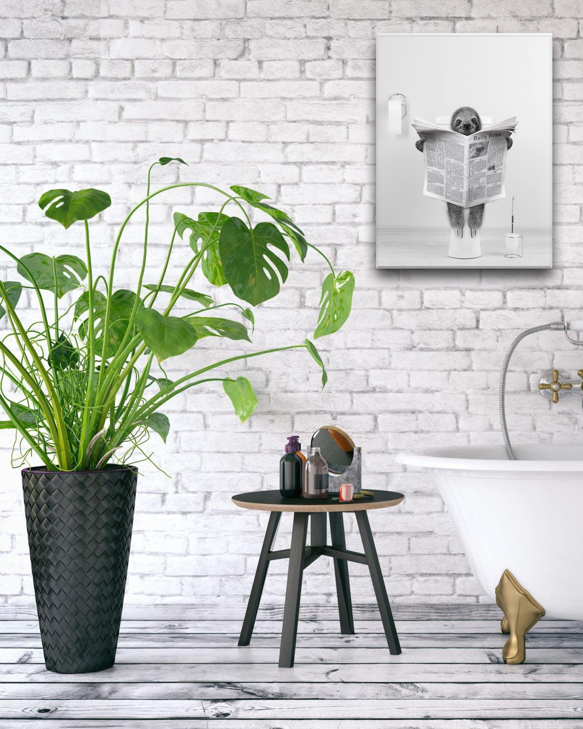 Upwoigh Bathroom Wall Art,12X16In Black And White Sloth Wood Wall Decor,Animal Reading Newapapers Abstract Prints For Bedroom Cl