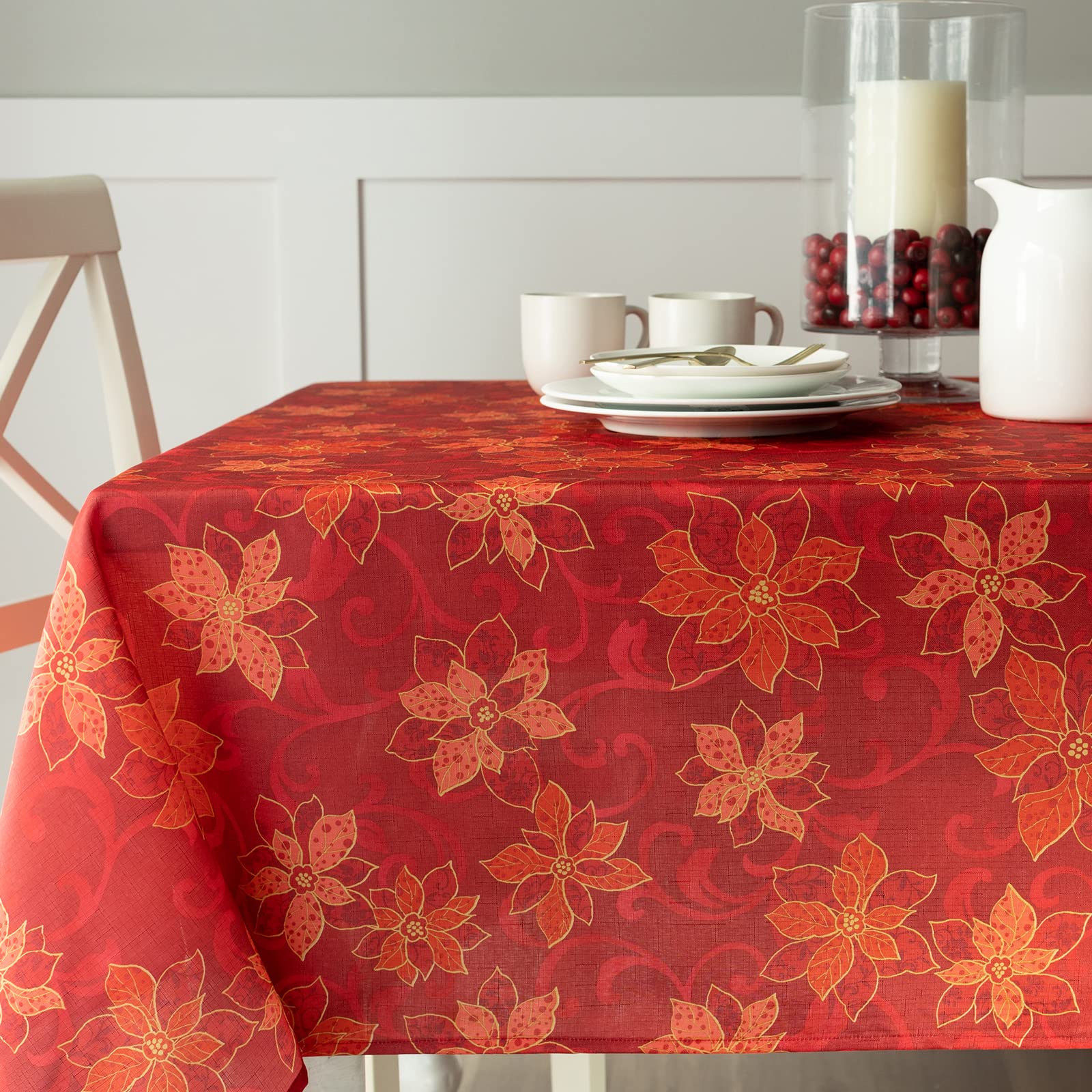 Benson Mills Poinsettia Scroll Printed Rectangle Fabric Table Cloth, Winter, Holiday And Christmas Tablecloth (60'' X 120'' Rect