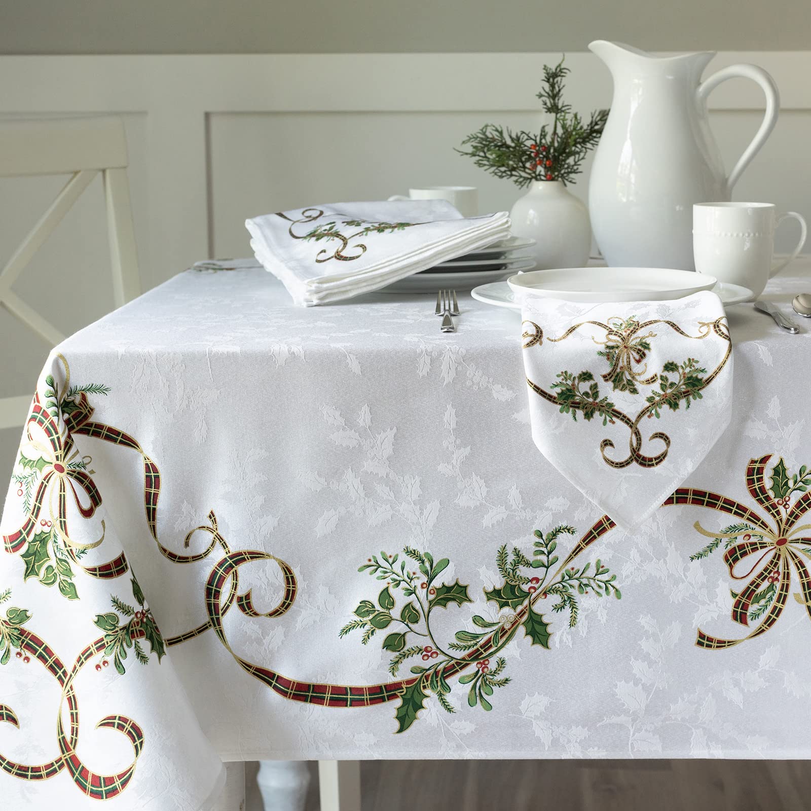 Benson Mills Merry Ribbons Engineered Printed Jacquard Fabric Christmas Table Cloth, Elegant Christmas Tablecloth For All Holida