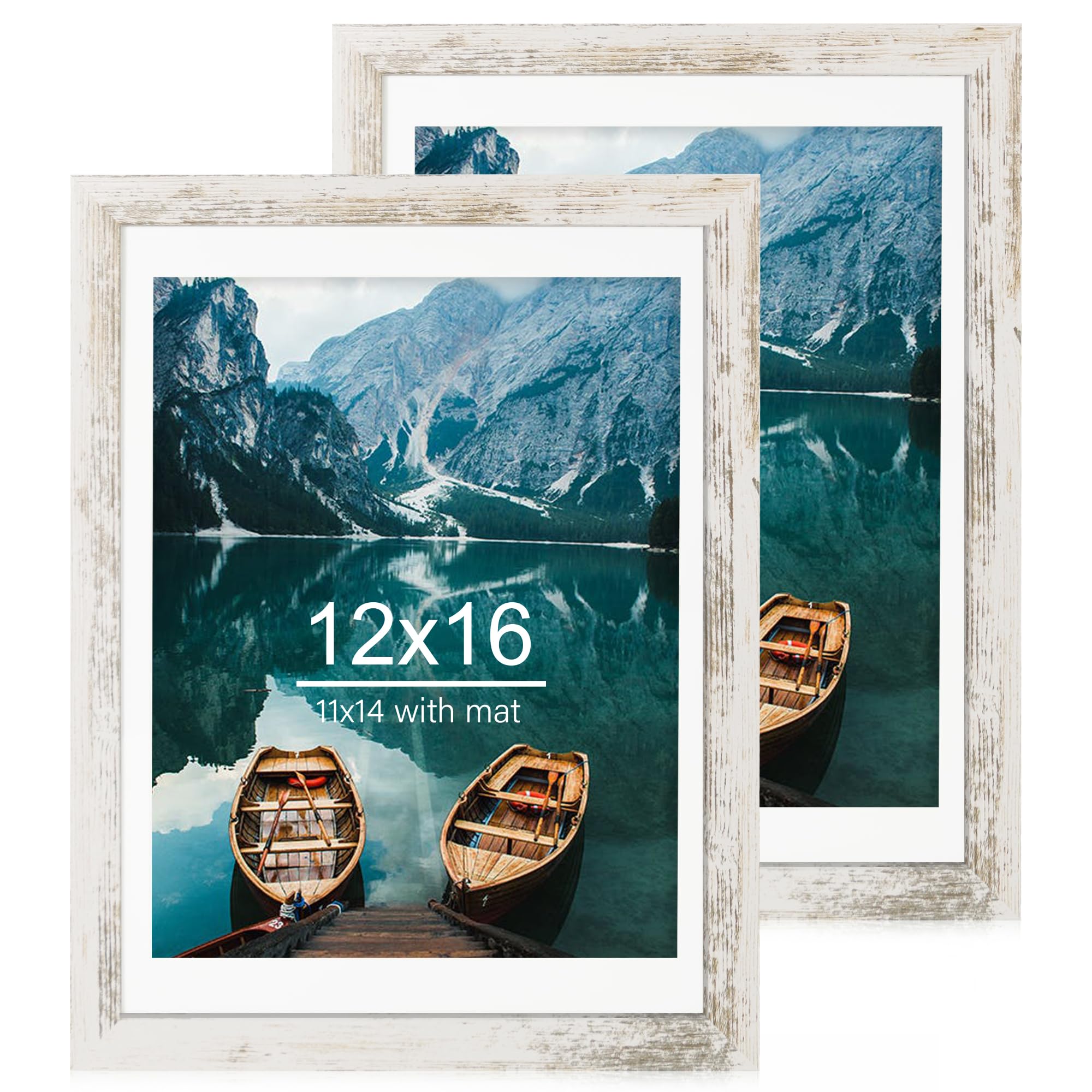 Hongkee 12x16 Picture Frame Set of 2, Distressed White Wood Style - Display 12 x 16 Poster without Mat or 11x14 Picture with Mat