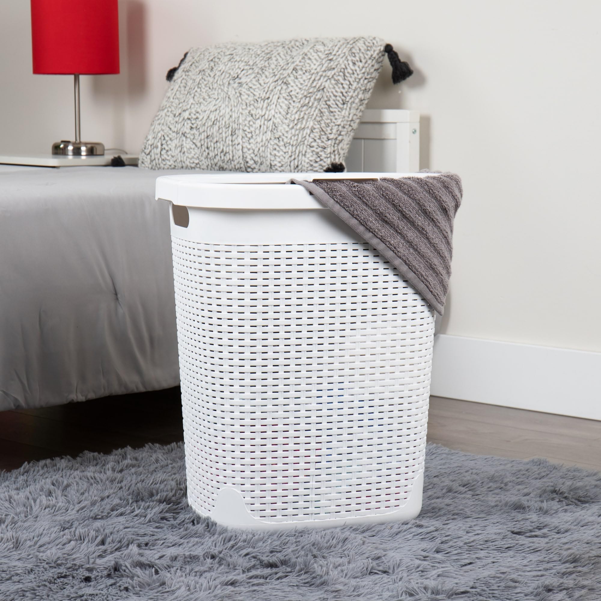 Mind Reader 50L Slim Laundry Hamper, Clothes Basket, Lid, Wicker Design, Plastic, 17.65''L X 13.75''W X 21''H, White