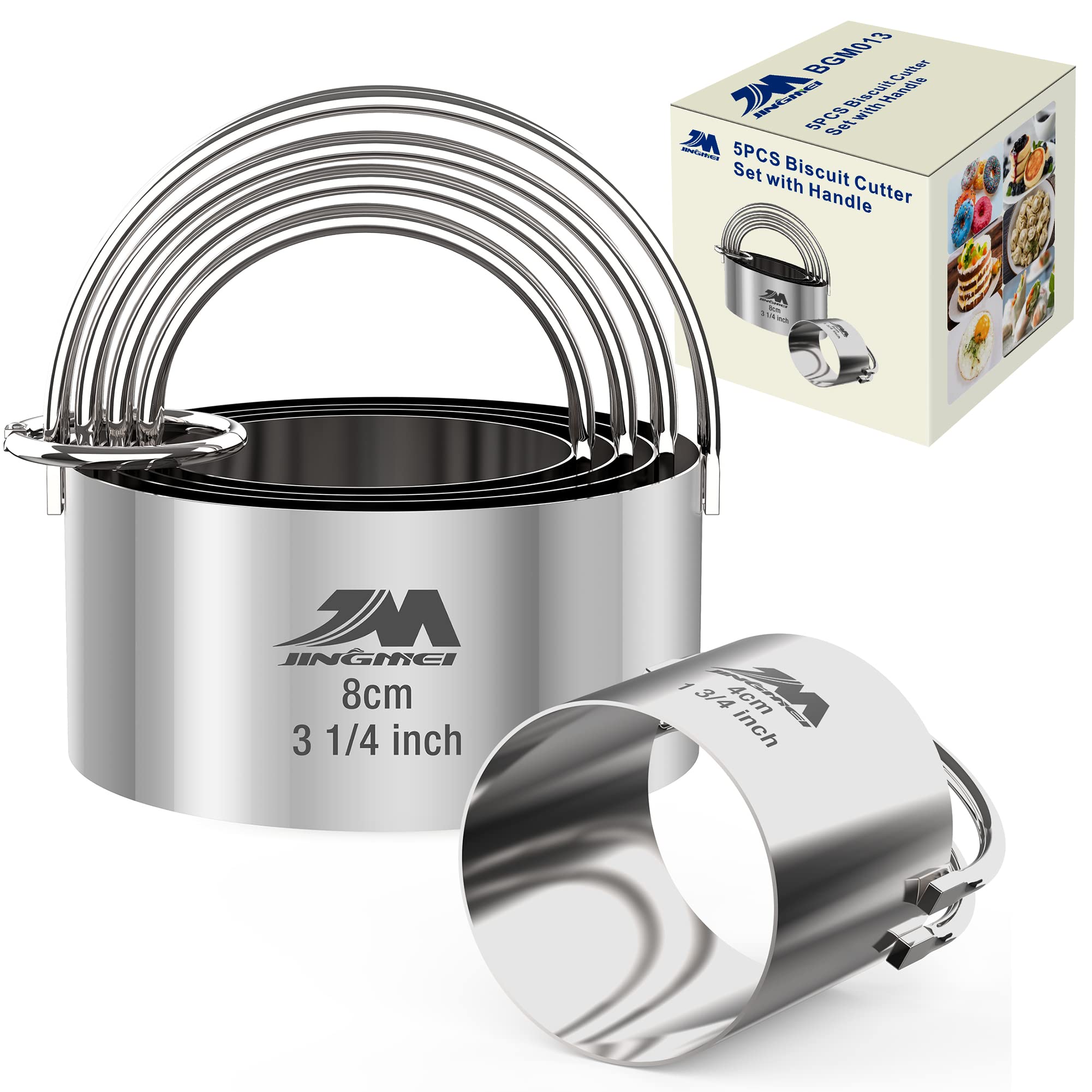 M JINGMEI 5 Pieces Circle Biscuit Cutter,Professional Stainless Steel Round Cookies Mold Tool with Handle for Baking GIFT Packag