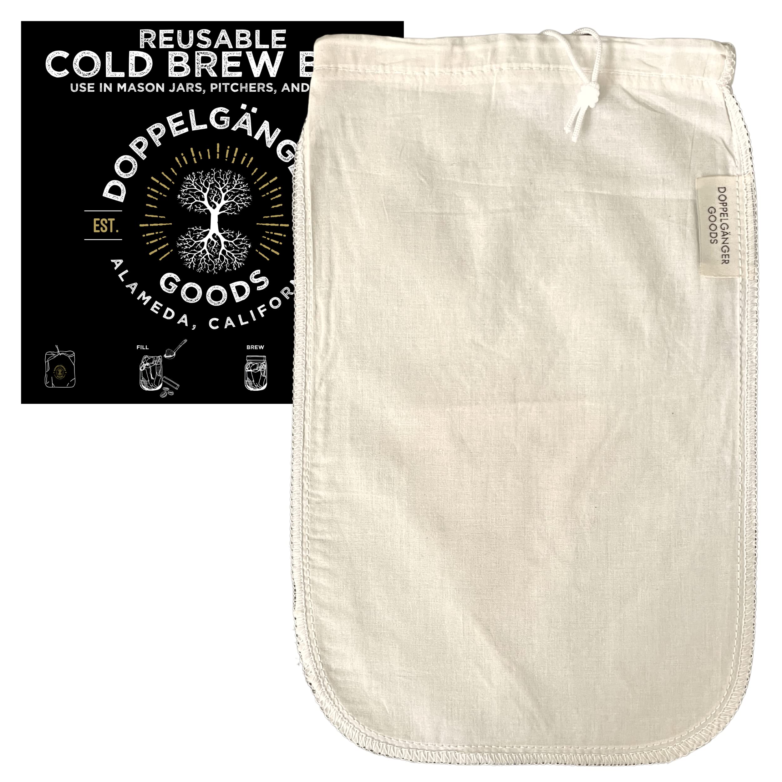 (1-Pack, Medium 8In X 12In) Organic Cotton Cold Brew Coffee Bag - Designed In California - Reusable Coffee Filter With Easyopen