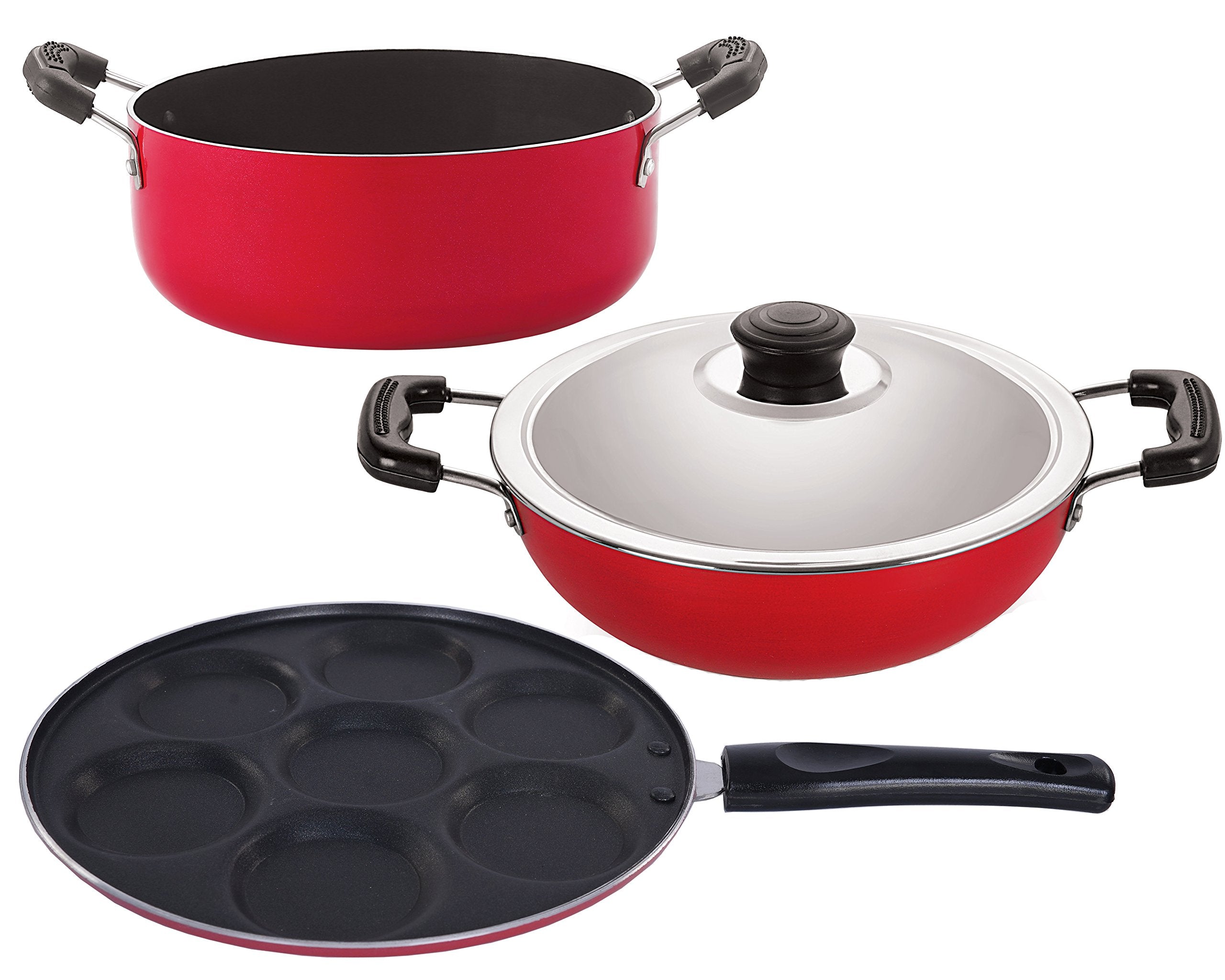 Nirlon NonStick Aluminum Cookware Set, 3Piece, Red And Black (2.6Mm_Dkdb_Up_Cass22)