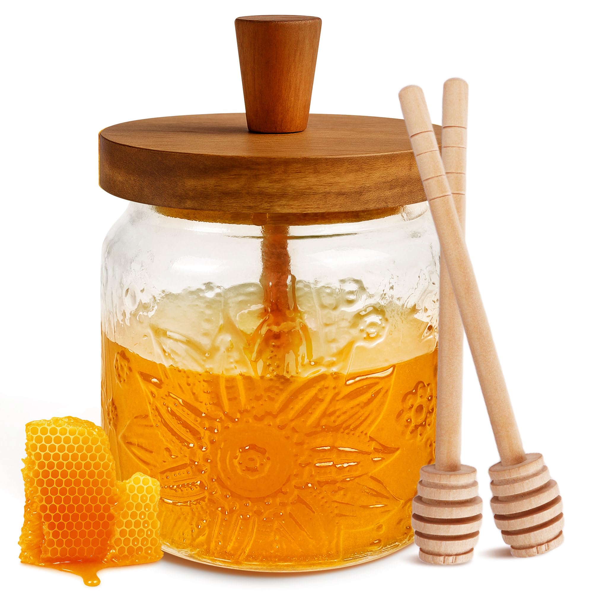 Loscarol Honey Jar with Dipper and Lid - Bohemian Vintage Glass Honey Pot with Wooden Honey Dippers Stick Set, Wide Mouth Honey 