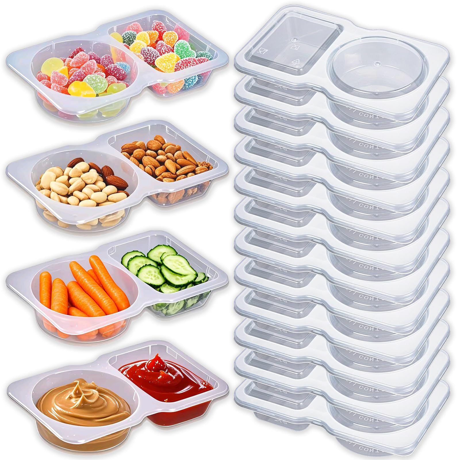 Aizzke 12Pcs Double Compartment Snack Containers with Lids, Reusable Small Sauce Dipping Containers, Grab and Go Snack Box for K