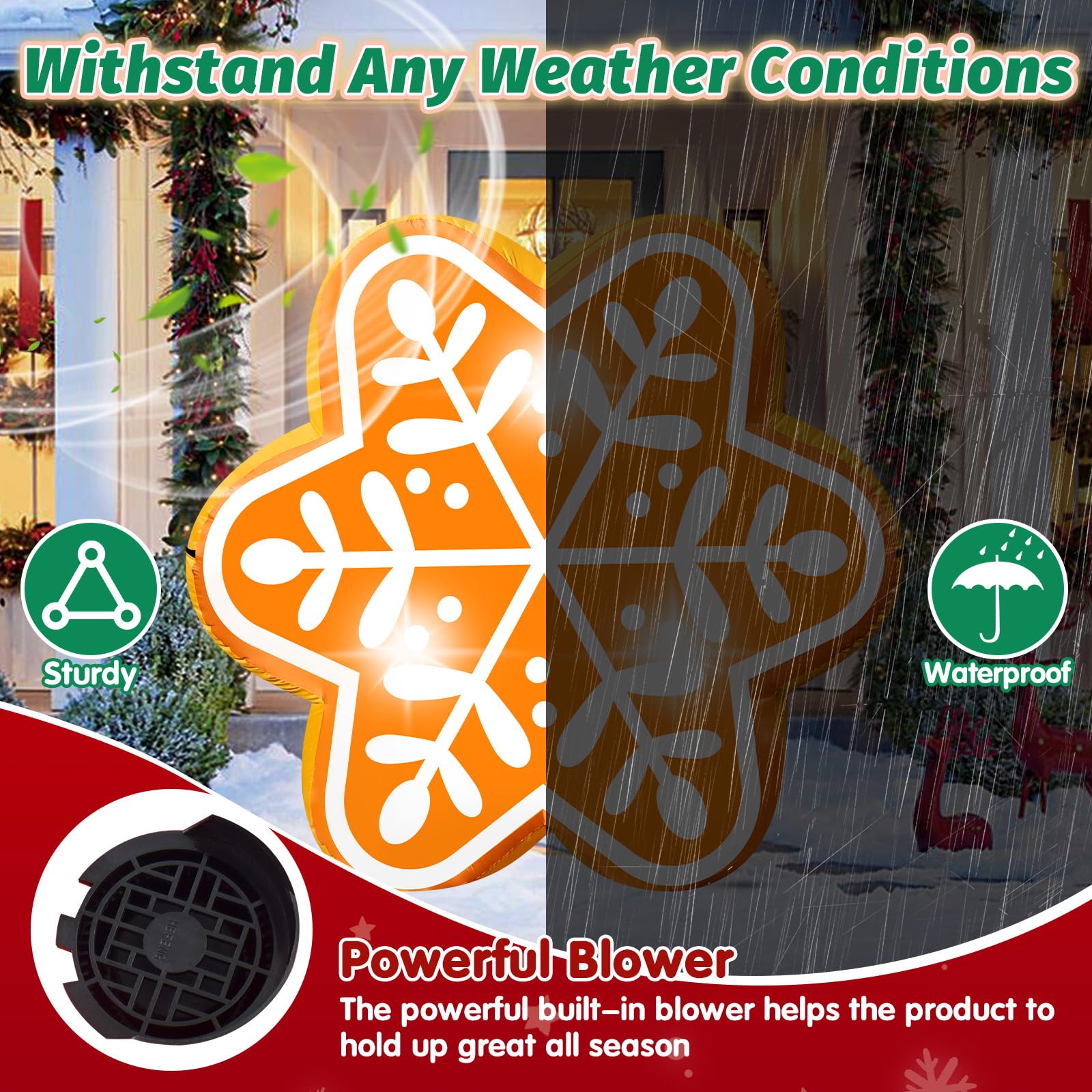 5FT Christmas Inflatable Snowflake Gingerbread Blow-up Giant Gingerbread Snowflake Built-in 3 LED Lights for Christmas Inflatabl