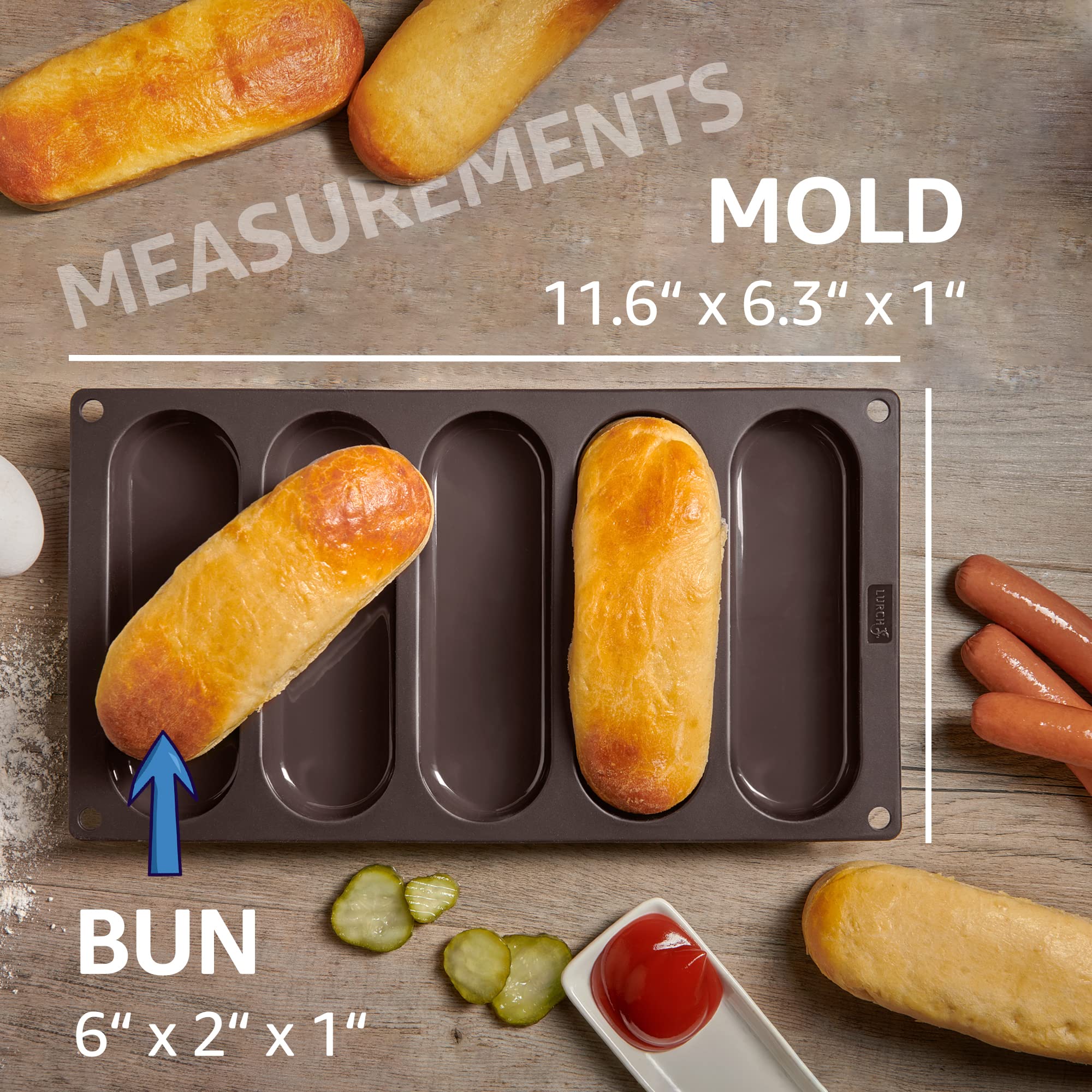 Lurch Germany Hot Dog Buns Mold | Silicone Non-Stick Flexiform Baking Pan | 6-Inch Hotdog Shaped Bread, Rolls, Cake And Eclair T