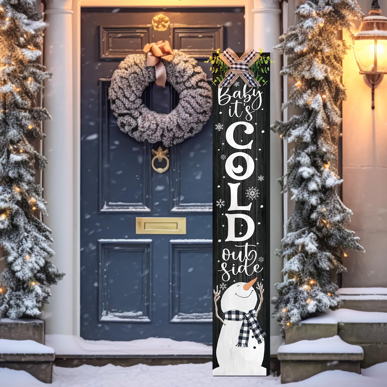 Chitidr Christmas Porch Sign Baby It's Cold Outside Snowman Hanging Decor 42'' Rustic Vertical Welcome Wooden Sign with Lanyard