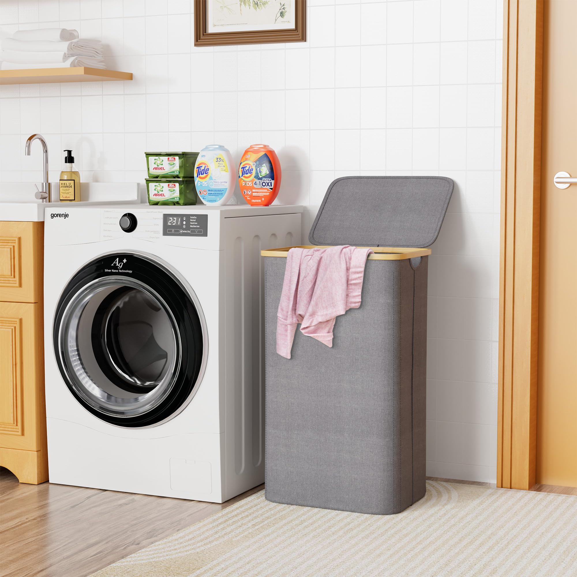 Suoco Laundry Hamper With Lid, 29 Gal (110L) Clothes Basket With Bamboo Handles, Large Foldable Laundry Hamper For Bedroom, Bath
