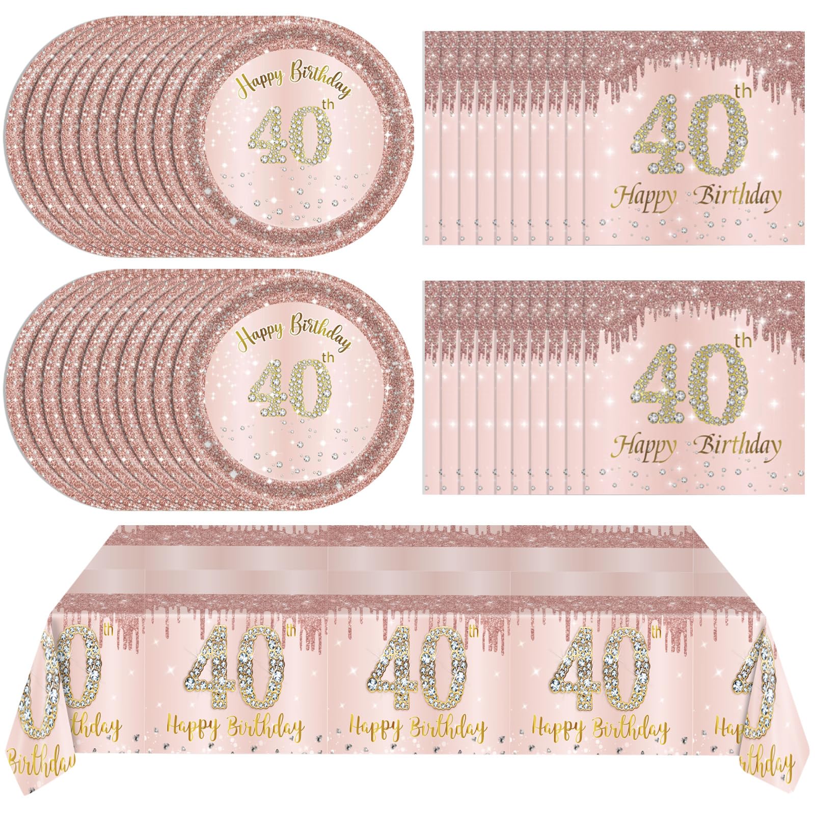 41Pcs 40Th Birthday Decorations, Rose Gold Birthday Party Supplies Include 20Pcs Plates 20Pcs Napkins And 1Piece Tablecloth, Swe