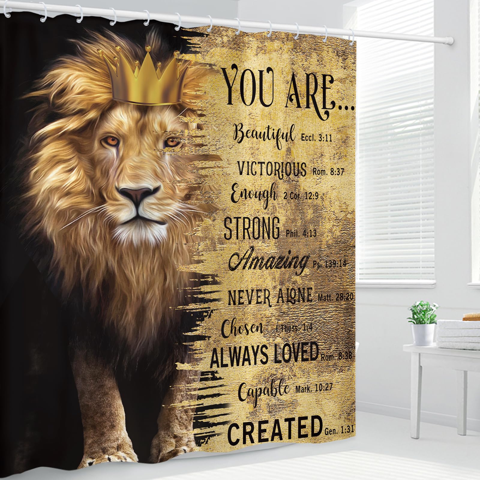 Kalmico Lion Man Shower Curtain 60Wx72L Inch Motivational Inspirational Quotes Positive Bible Animal Black Gold Masculine Bathro