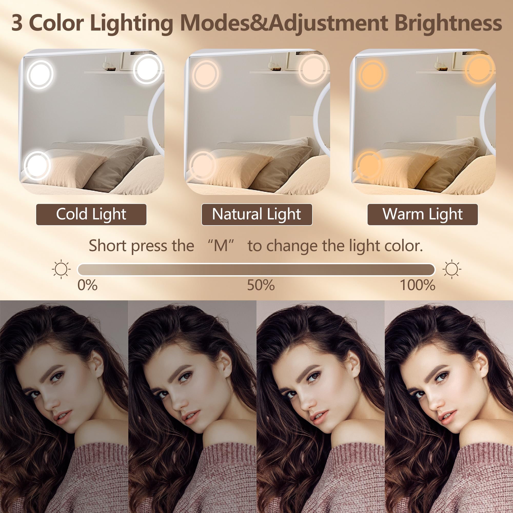 Slimoon Lighted Makeup Mirror, 14''X 12'' Hollywood Vanity Mirror With 9 Led Bulbs, 3 Color Lights, And Detachable 10X Magnifica