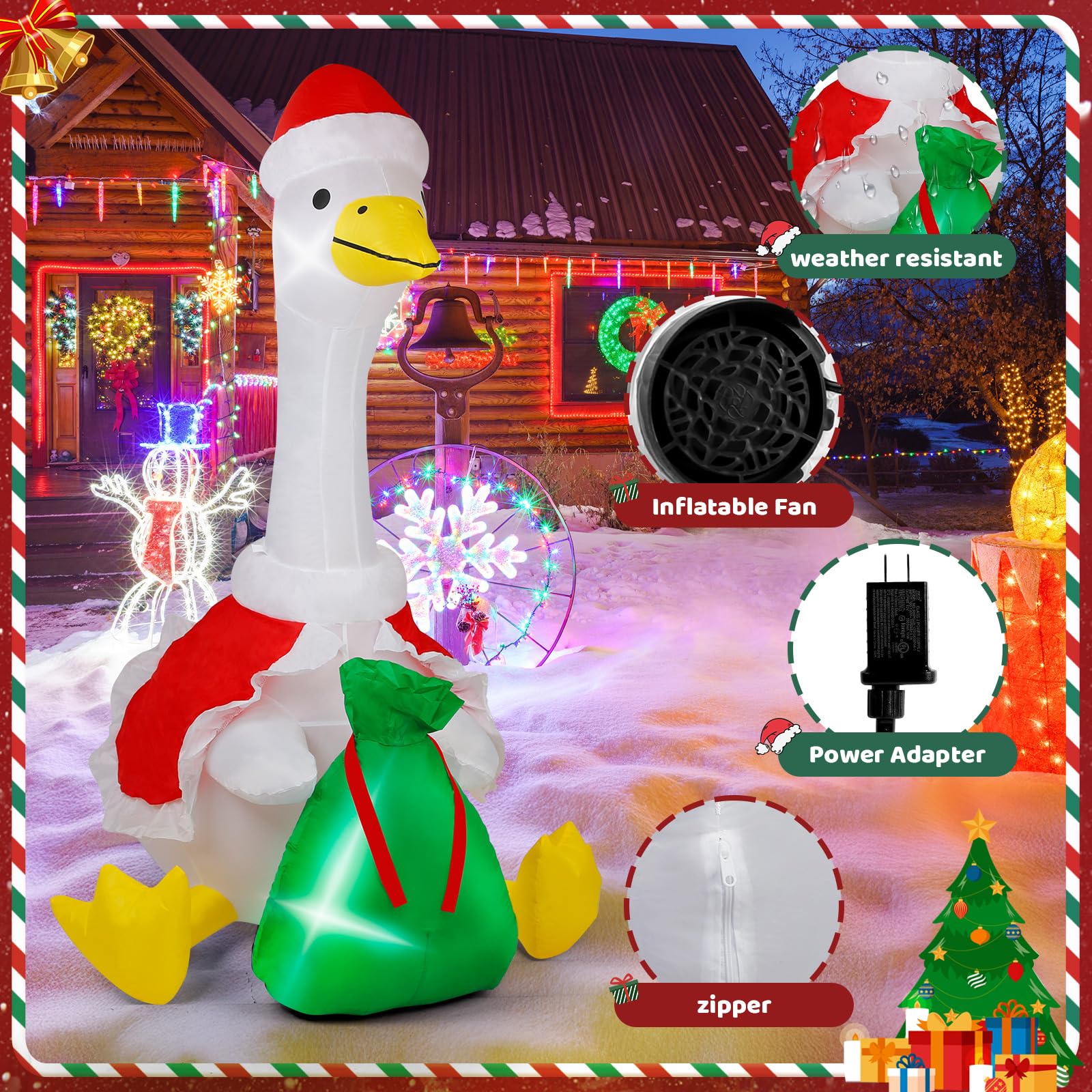 6 ft Christmas Porch Goose Inflatable Outdoor Decoration Large Xmas Cute Silly Goose Blow up Yard Decor with Built-in LED Light