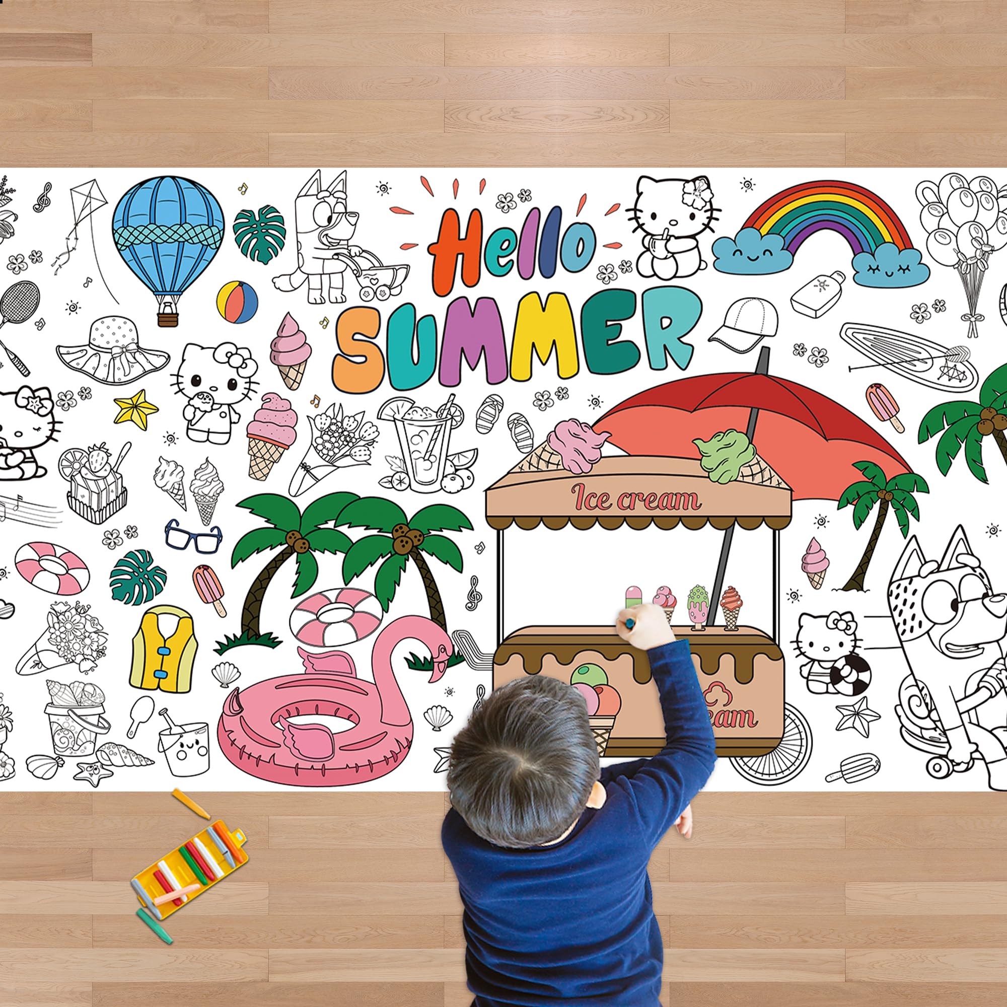 Summer Giant Coloring Poster/Tablecloth - Summer Toys - 30 x 72 Inches Jumbo Paper Coloring Banner - Kids Crafts Activities Gift