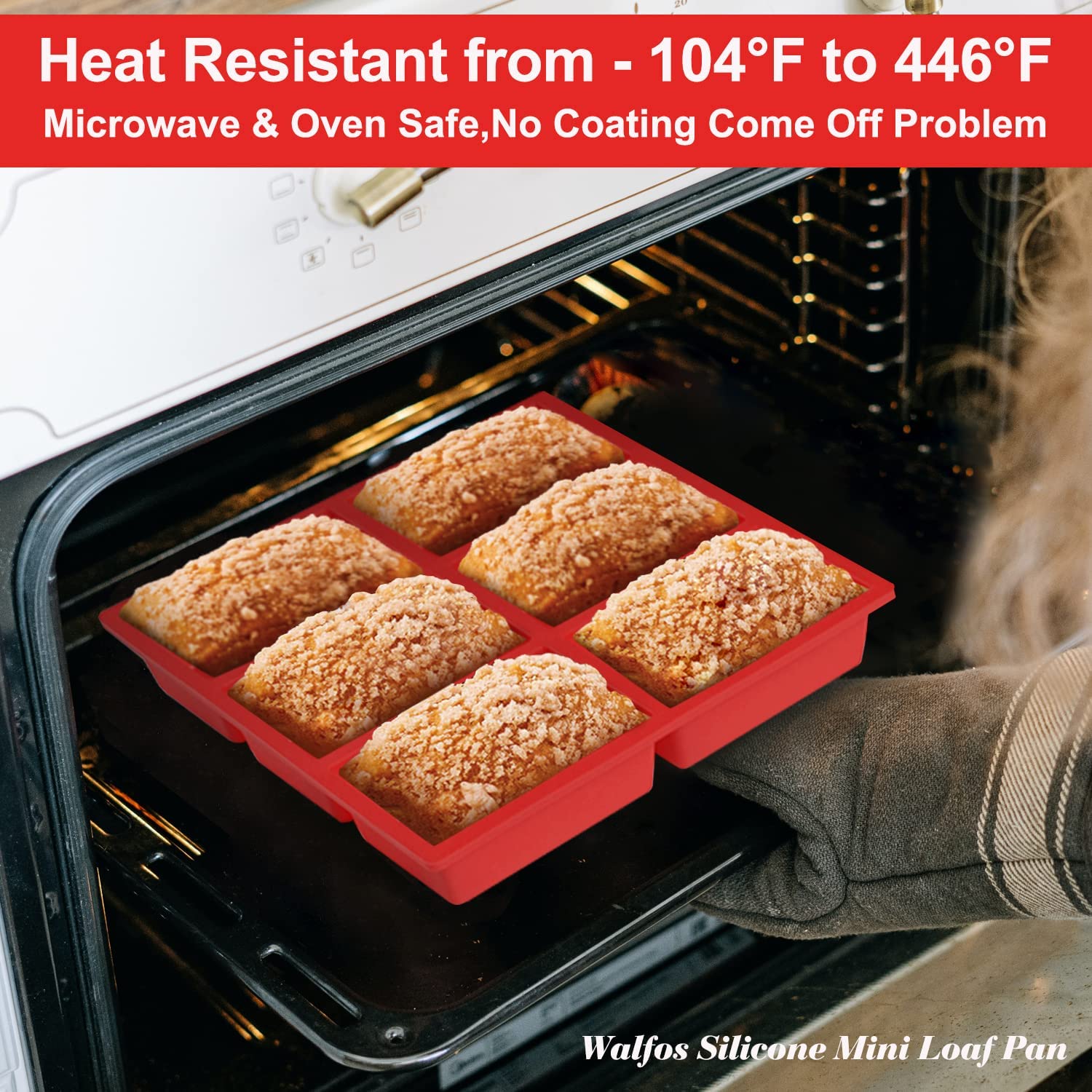 Walfos Silicone Mini Loaf Pans - 2pcs Non-Stick Baking Mold for Bread, Cakes & Muffins, 6 Cavities, Food Grade Silicone
