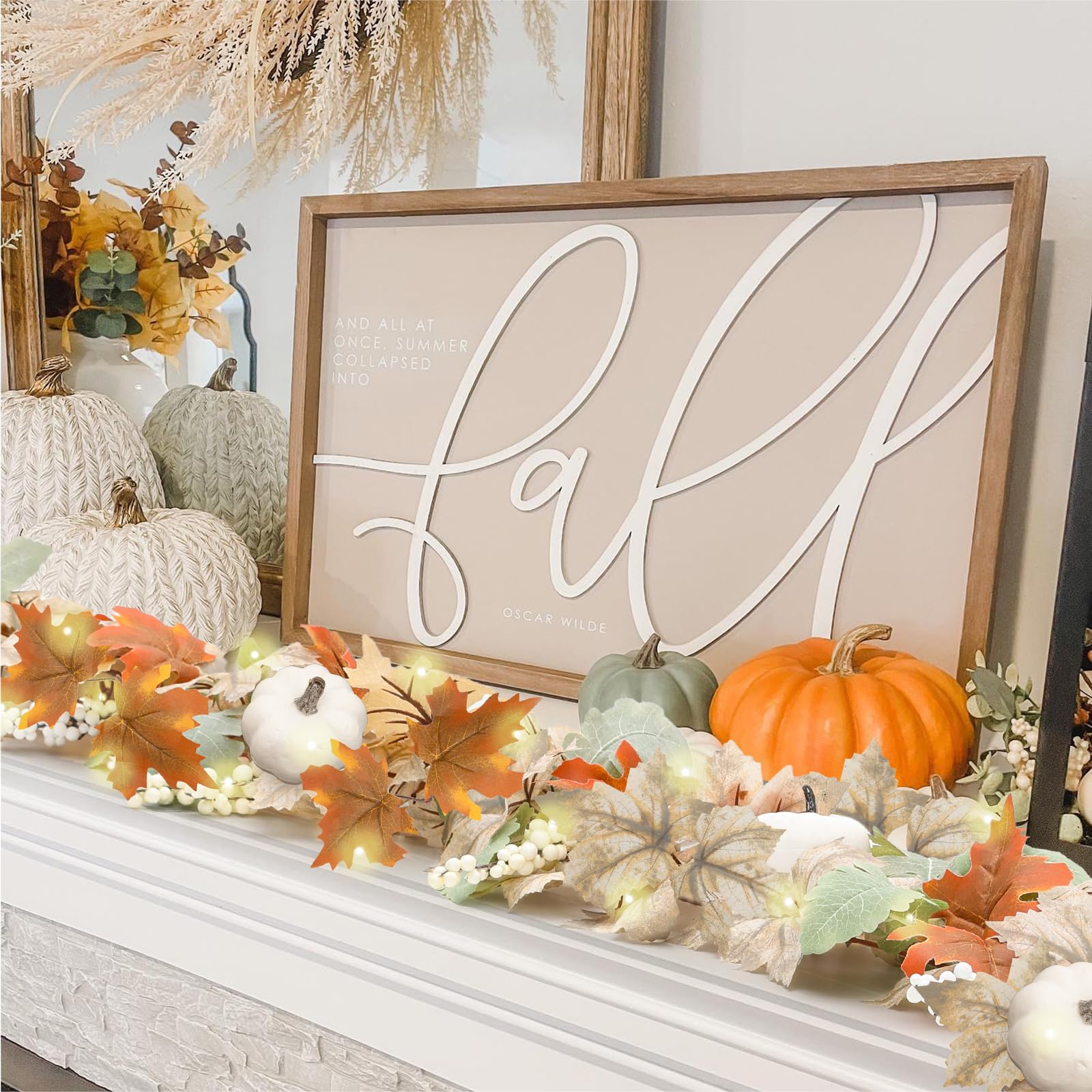 Neutral Fall Garland for Mantle Fireplace - 4 Pack Total 24 Ft Outdoor Autumn Leaves Decor for Home Front Door with Pumpkins Ind