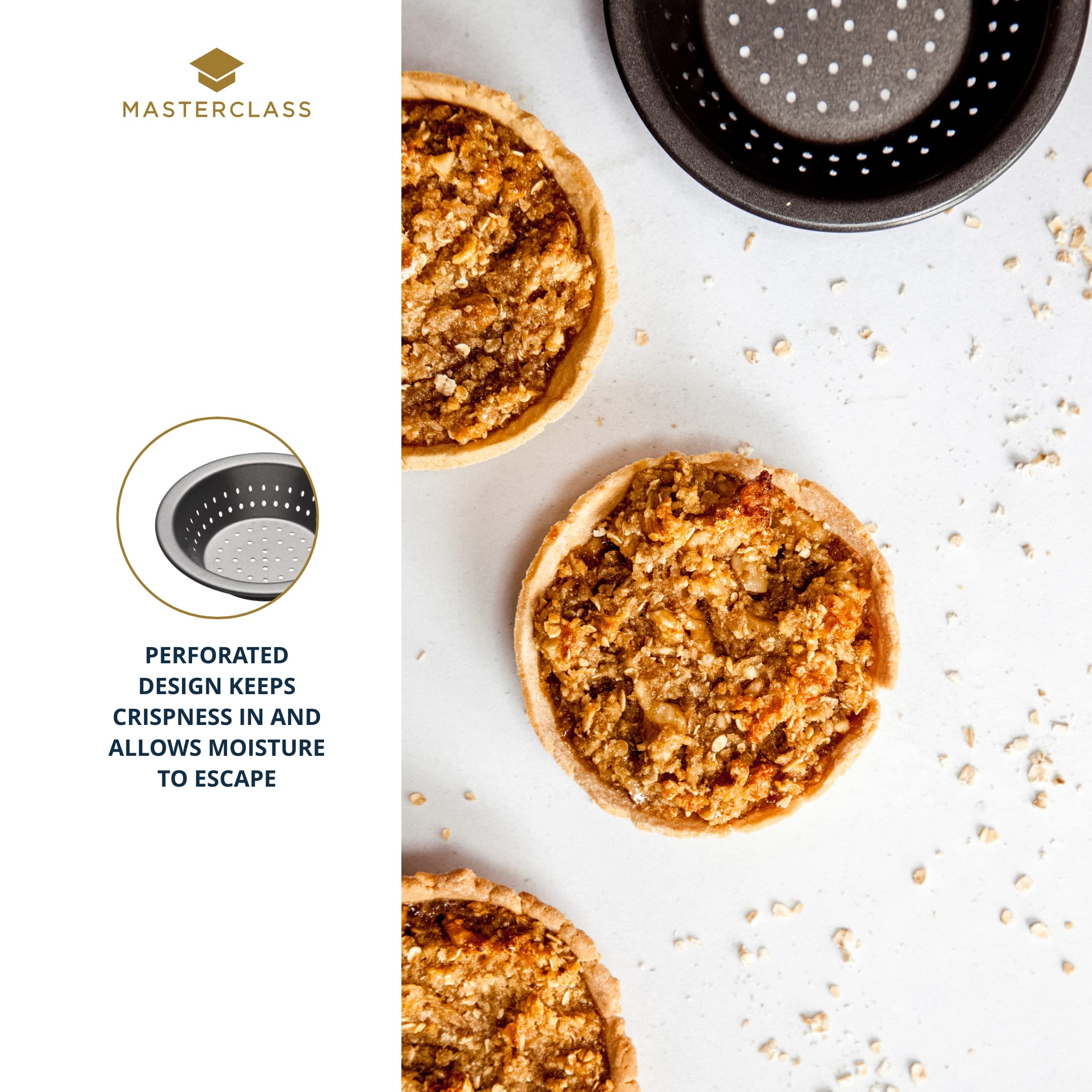 Masterclass Kcmccb73 Crusty Bake 10 Cm Perforated Pie Dish With Pfoa Non Stick, Robust 1 Mm Carbon Steel, 4 Inch Round Individua