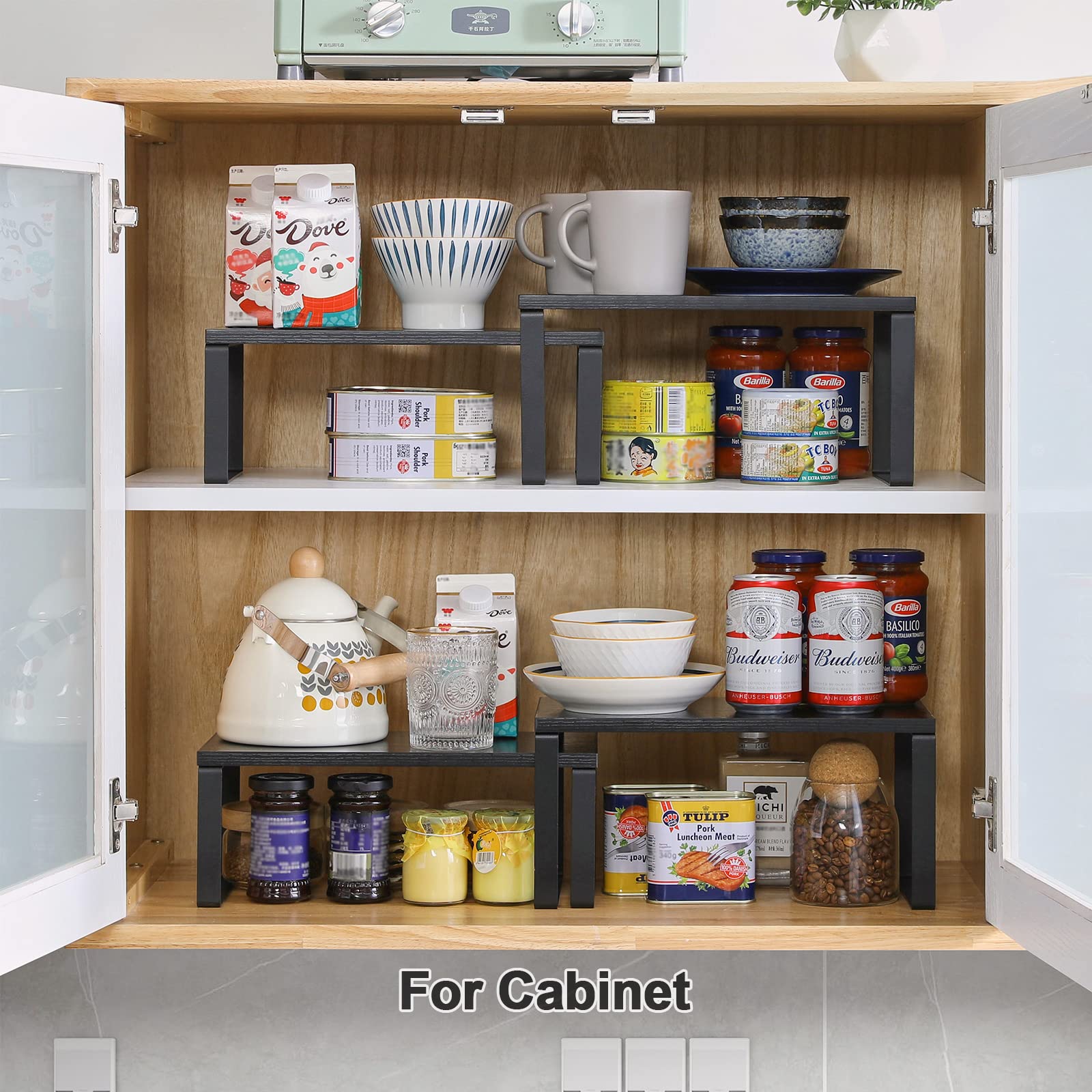 YMYNY Cabinet Shelf Organizer, Extendable Countertop Shelves Set of 2, Kitchen Spice Racks, Stackable, Storage Racks for Cupboar