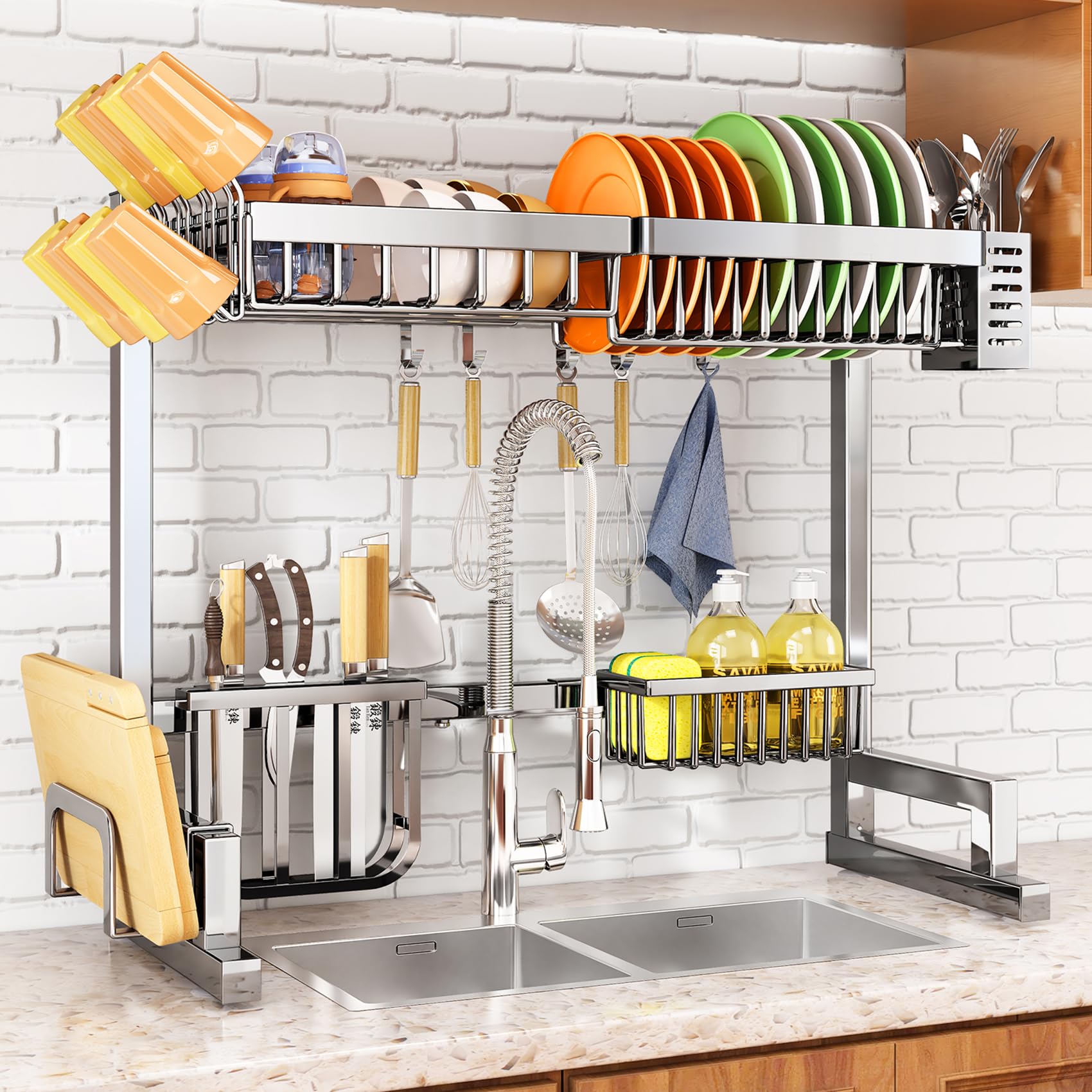 Over The Sink Dish Drying Rack, Stainless Steel Adjustable (26.8'' To 34.6'') Large Dish Drainer Drying Rack For Kitchen Counter