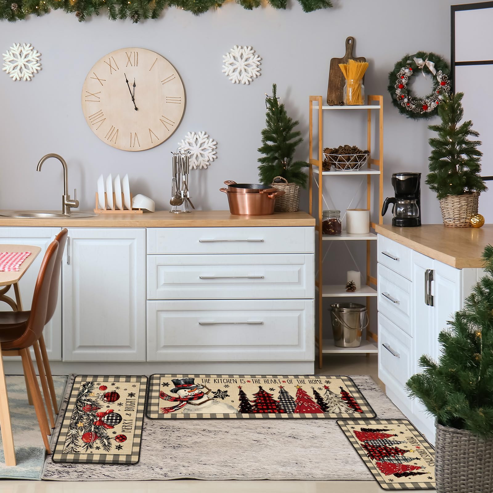 Drydiet 3 Pcs Christmas Kitchen Rug and Mat Set Washable Buffalo Plaid Xmas Tree Kitchen Floor Mats Non Slip Farmhouse Merry Chr