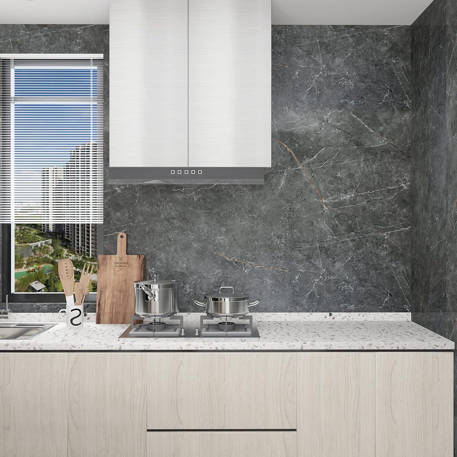 Bomeng 48''X354'' Extra Wide Countertop Contact Paper Gray Marble Wallpaper Peel Stick Countertops For Kitchen Glossy Waterproof