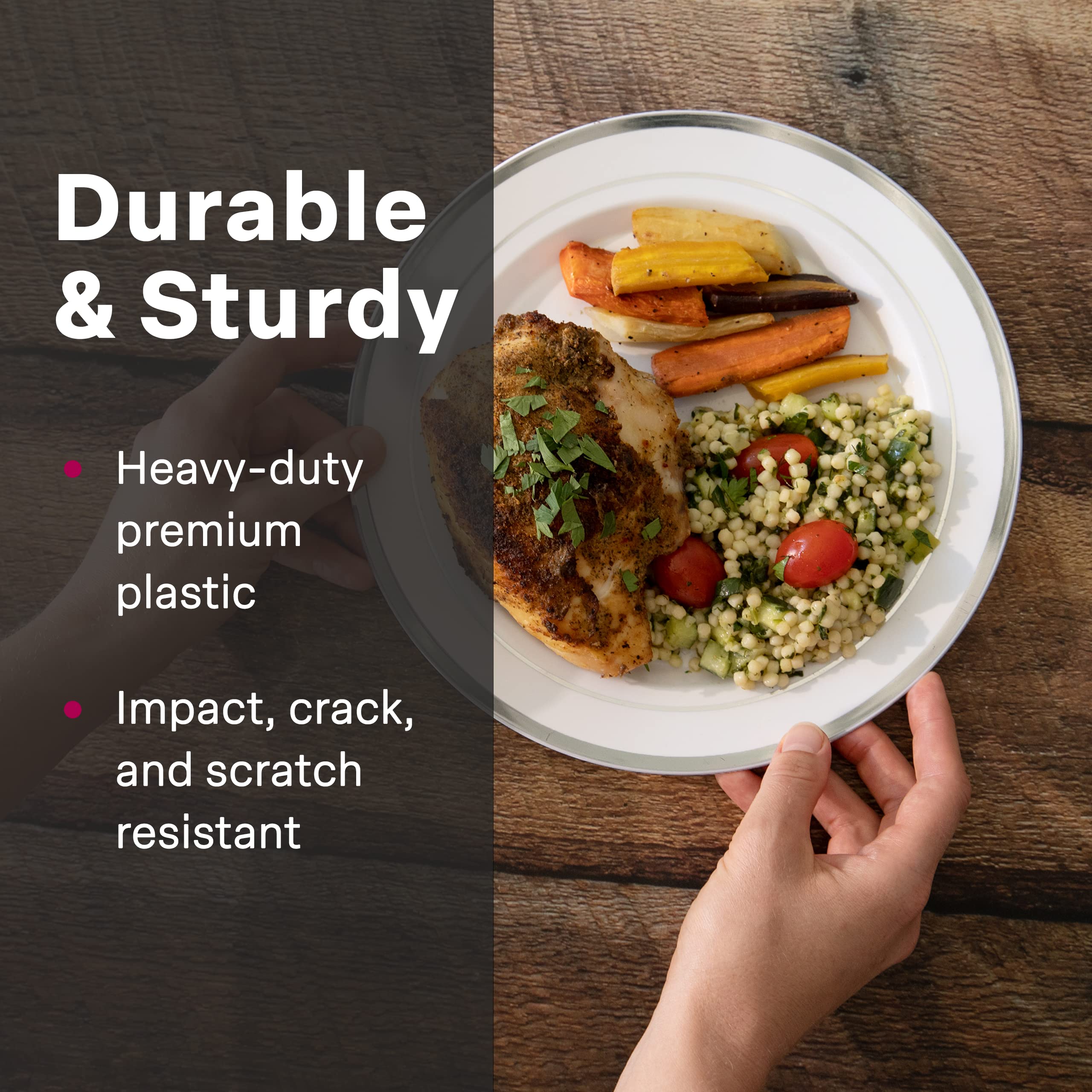 Aya'S Cutlery Kingdom 100 Plastic White Plates Disposable With Silver Trim, 50 Plastic Dinner Plates 10.25'' + 50 Salad, Dessert