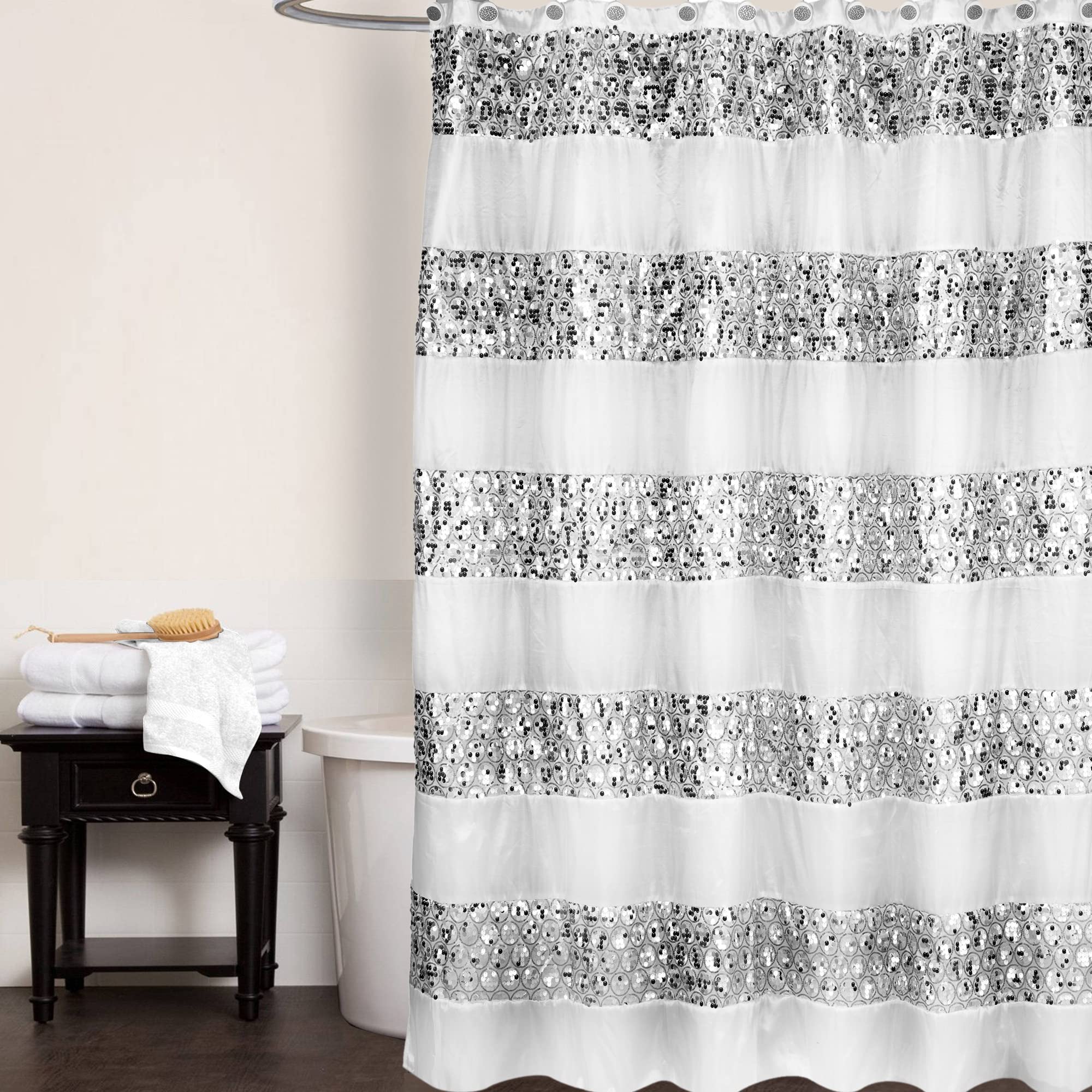 Zahari Home 13pc Sinatra Bathroom Shower Curtain Set Classic Shower Curtain & 12 Shower Curtain Hooks Luxury Pretty Shower Curtain Unique Design Bling White Shower Curtain Set
