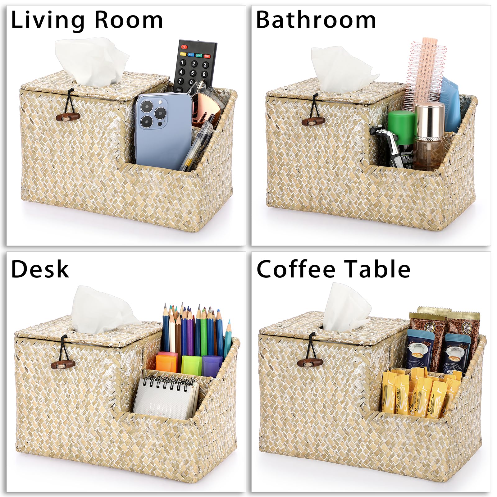 Sumnacon Tissue Box Cover-Square Woven Tissue Box Organizer For Desk Rustic Seagrass Tissue Box Holder With Side Organizer Decor
