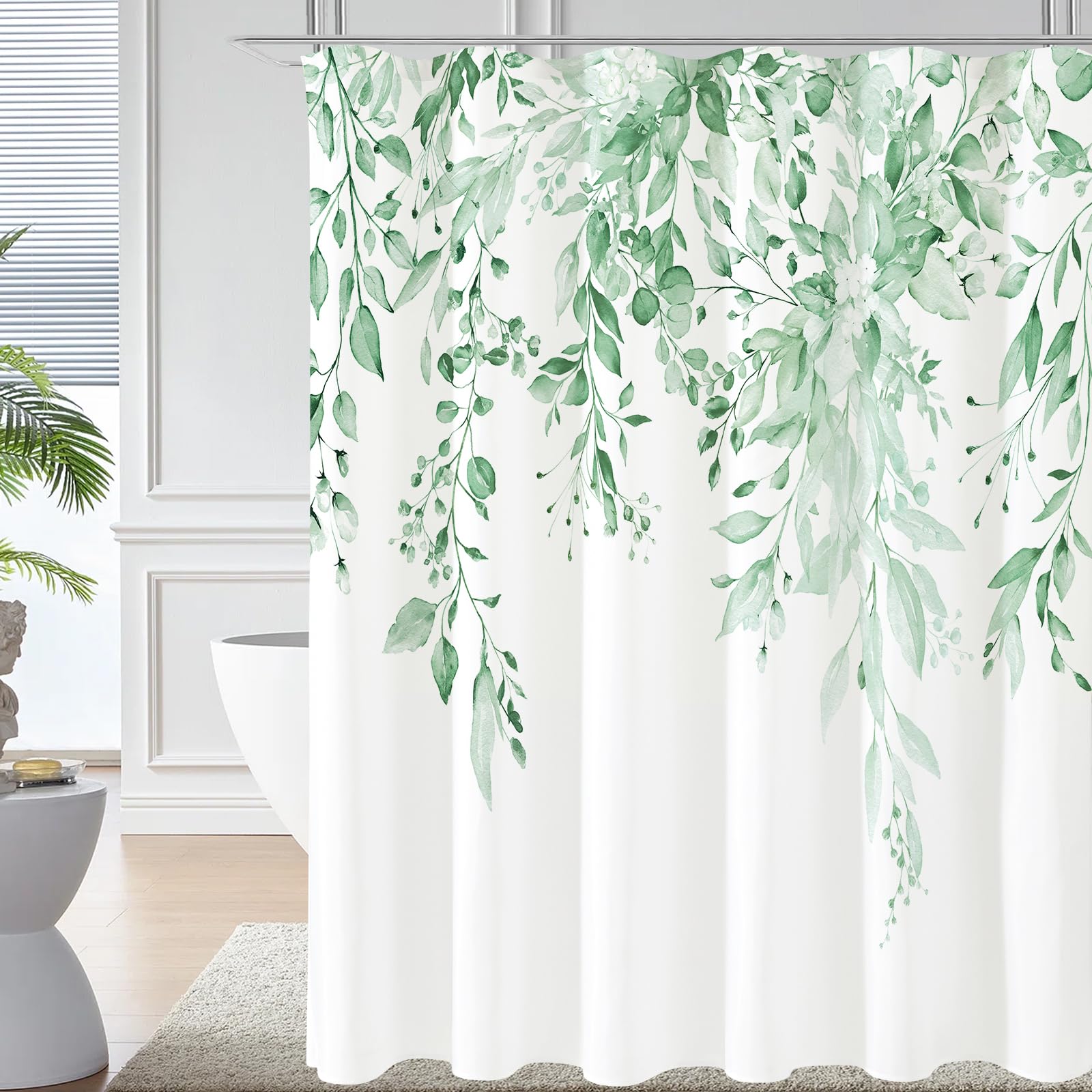 Gibelle Mint Green Eucalyptus Shower Curtain, Watercolor Plant Leaves With Floral Bathroom Shower Curtain Set With Hooks, 72X72