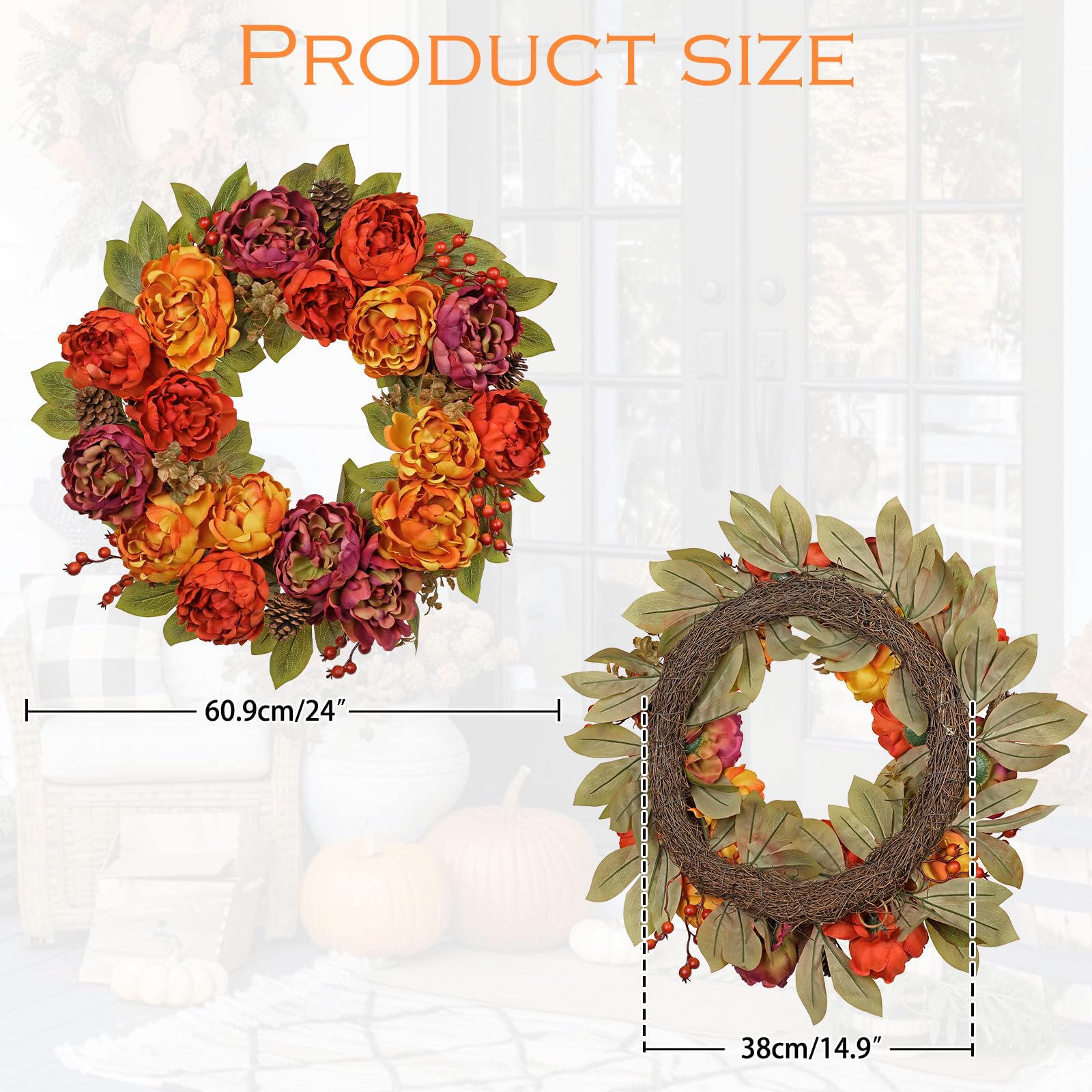 Fall Teardrop Swag with Peonies - 23.6 Inch Artificial Hanging Floral Wreath with Berries & Leaves for Thanksgiving Autumn Decor