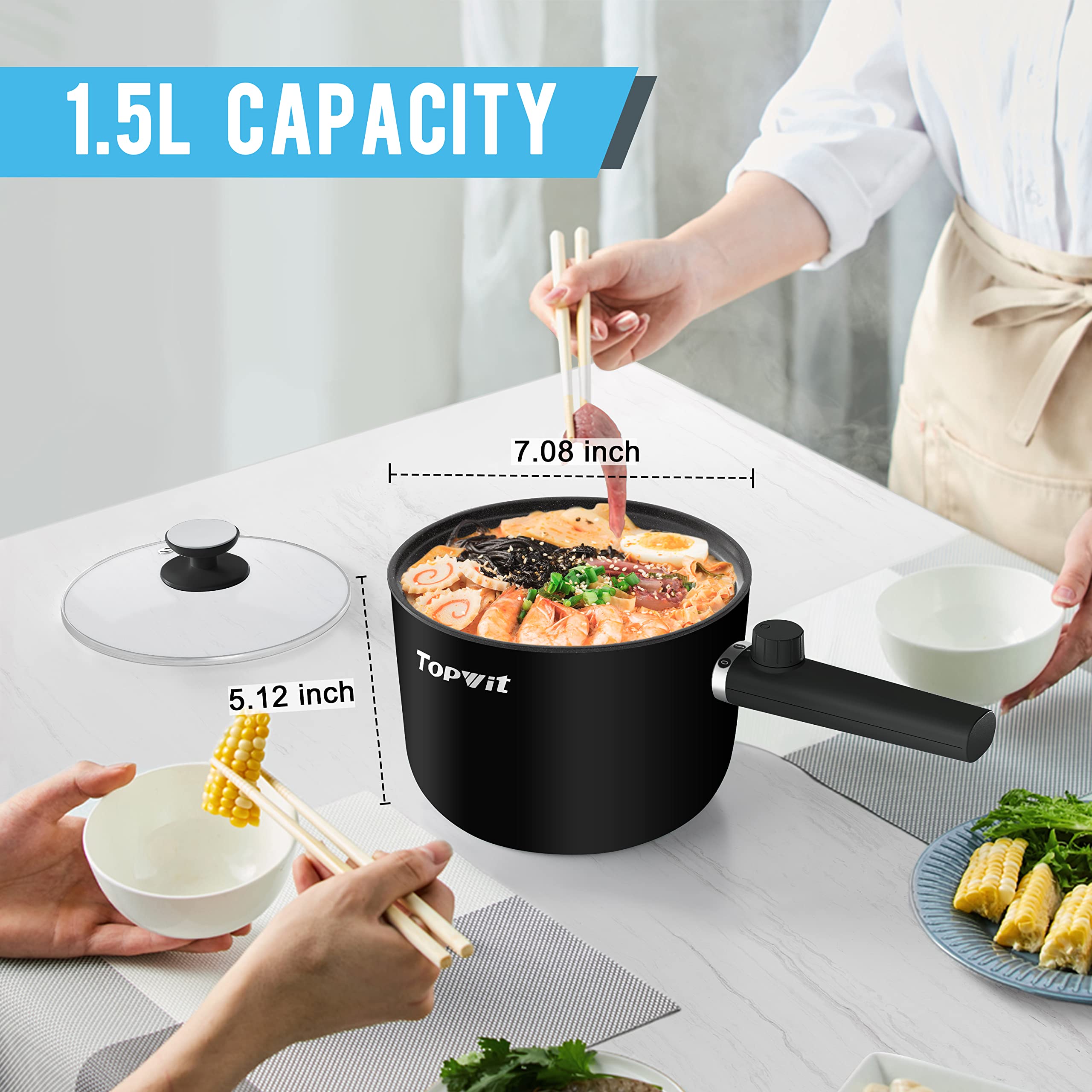Topwit Hot Pot Electric  1.5L Ramen Cooker  Portable Non-Stick Frying Pan  Electric Pot for Pasta  Steak  BPA Free  Cooker with Dual Power Control  Over-Heating & Boil Dry Protection  Black