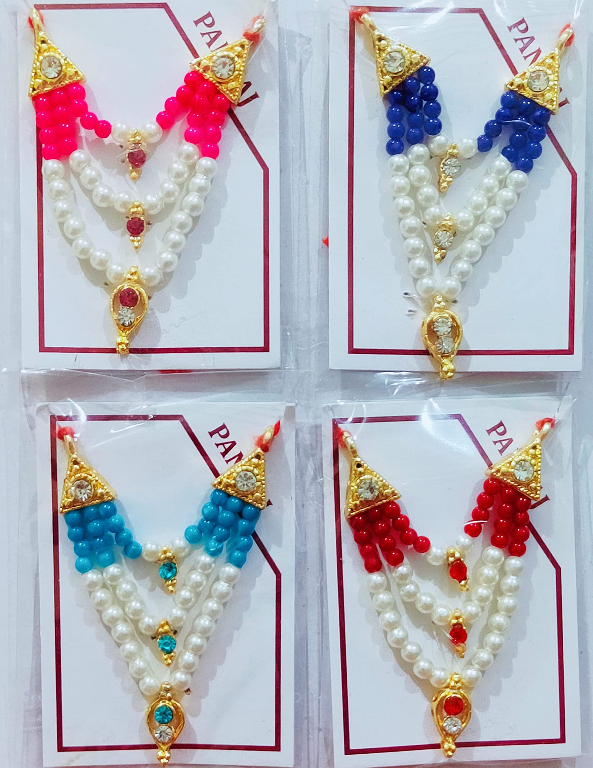 Brij Sugandha 3 Line Moti Mala  Set of 4 White & Colorful Small Pearl Malas [ Random Color ] for Laddu Gopal, Devi Maa, Radha Kr