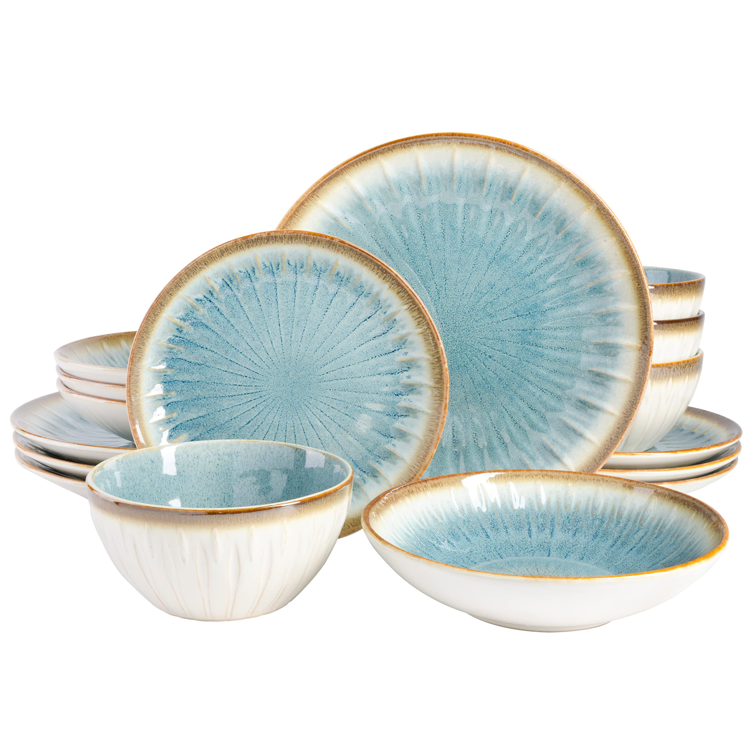 Gibson Elite Mayfair Bay Embossed Double Bowl Dinnerware Set, Service for 4 (16pcs), Blue