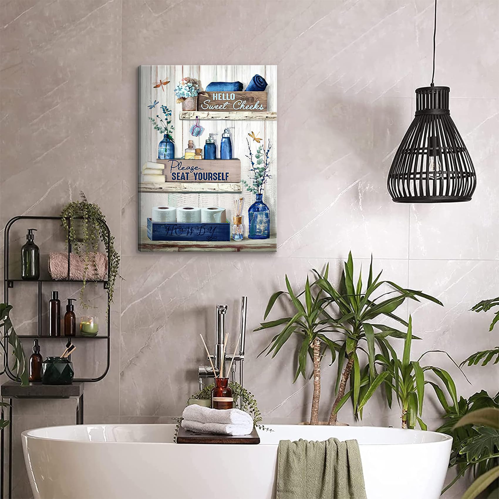Bjvjksu Navy Blue Bathroom Decor Wall Art Rustic Blue Bathroom Canvas Wall Decor Bathroom Please Seat Yourself Sign Print Painti