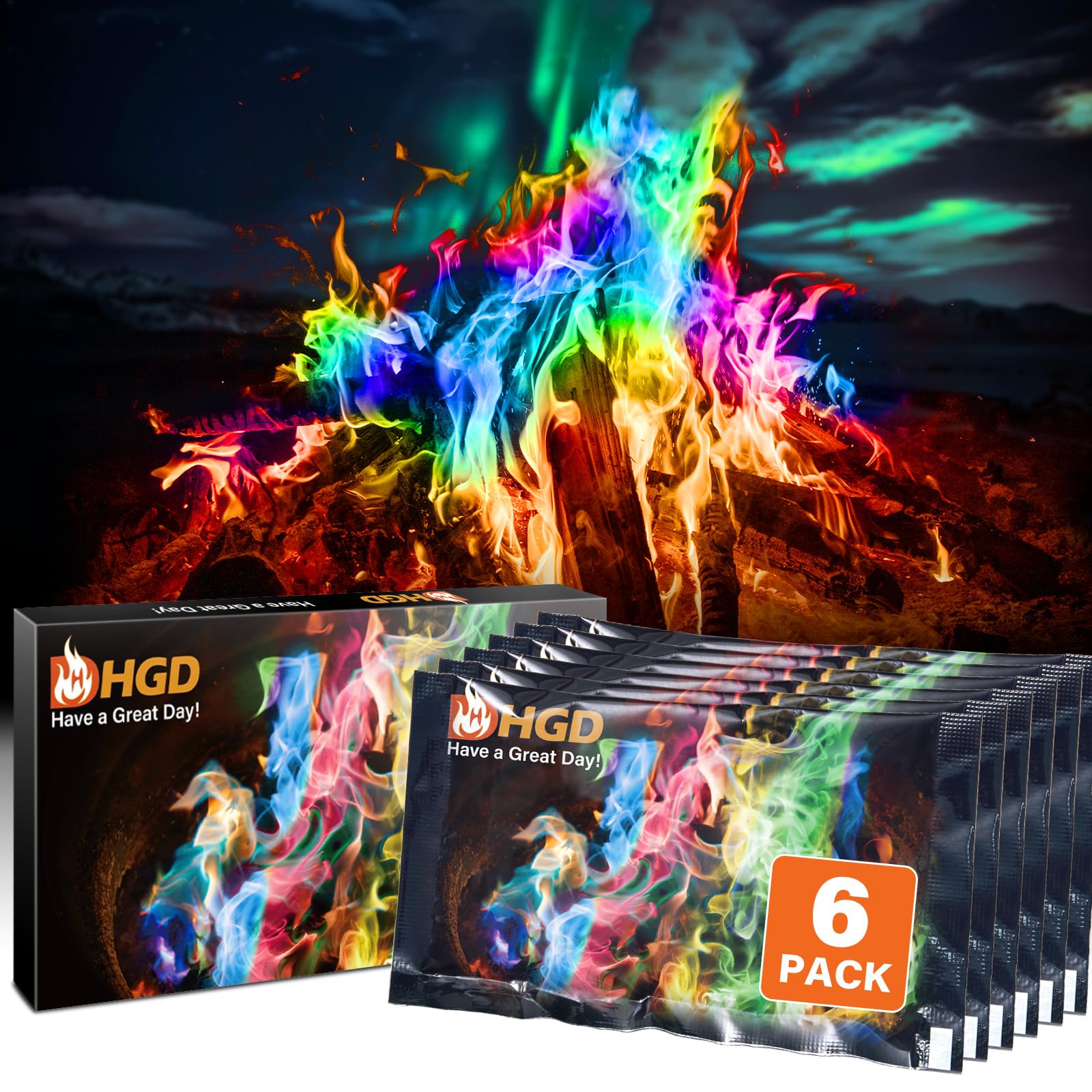 HGD (6 Pack) Magic Campfire Fire Color Changing Packets for Fire Pit, Indoor/Outdoor Fireplace, Bonfire - Rainbow Magical Flame,