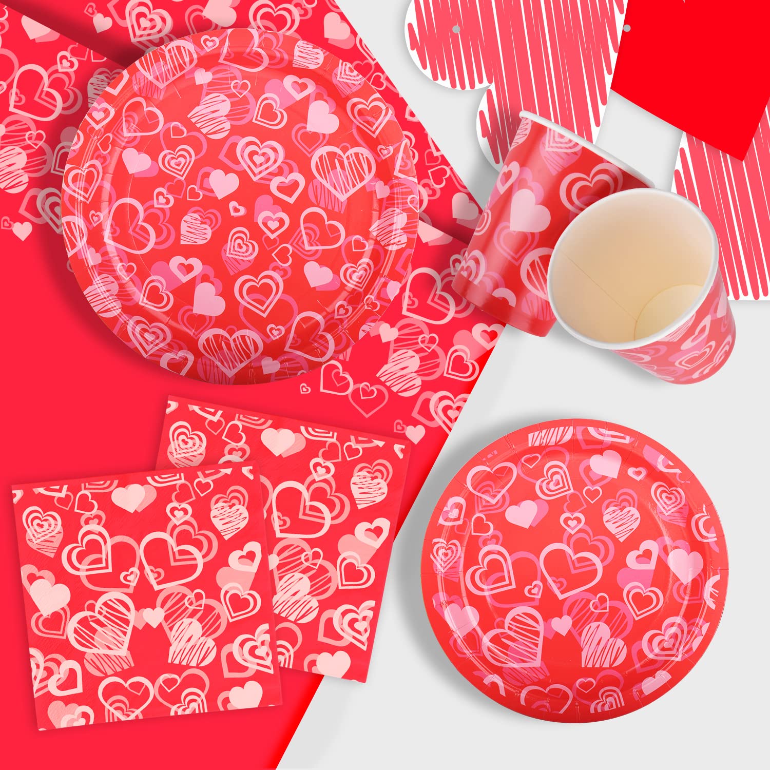 Gatherfun Valentine'S Day Party Supplies Hot Heart Love Disposable Paper Plates Napkins Cups Plastic Tablecloth With Banner For
