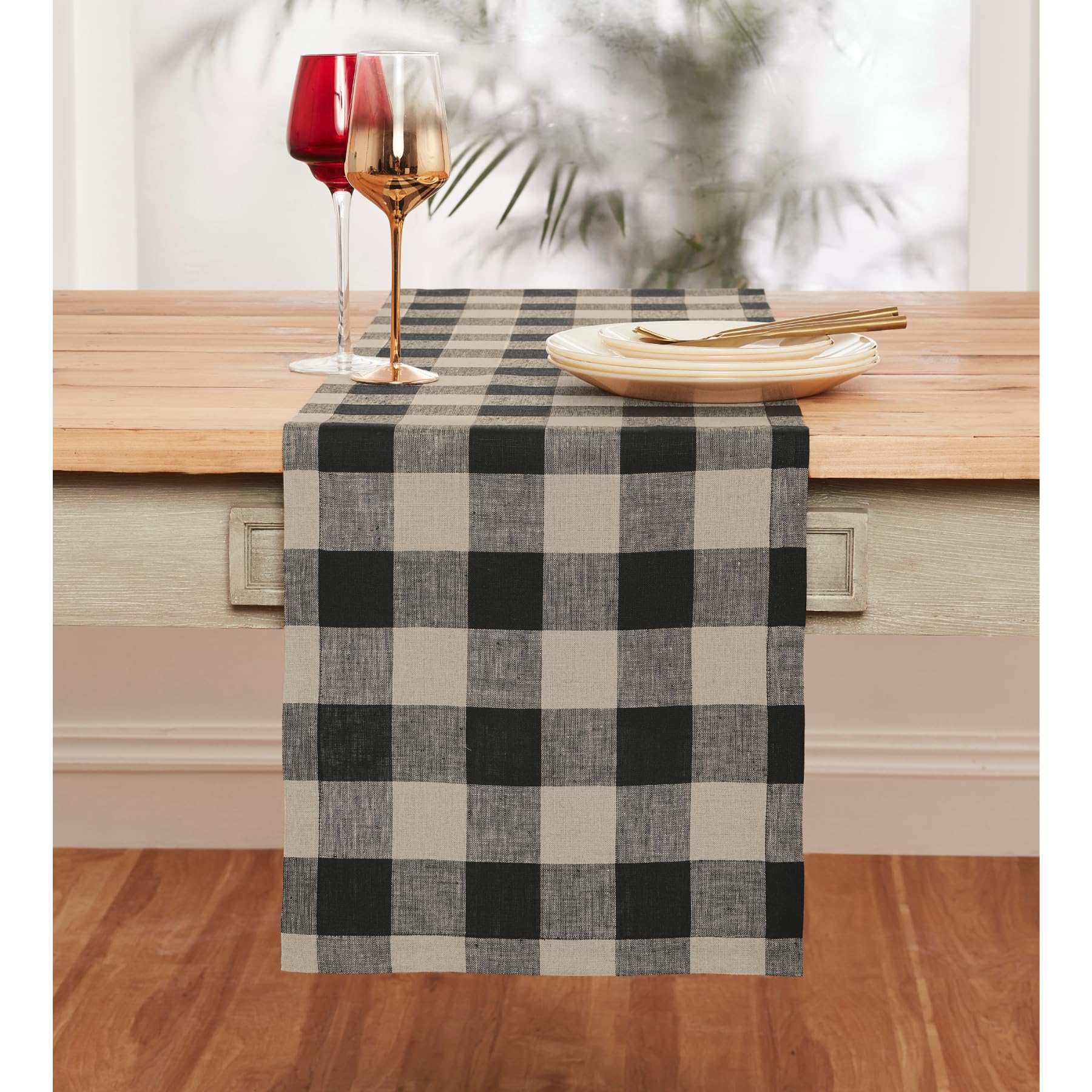 Solino Home Buffalo Check Linen Table Runner 144 Inches Long - 100% Pure Linen Natural And Black Plaid Table Runner 14 X 144 Inc