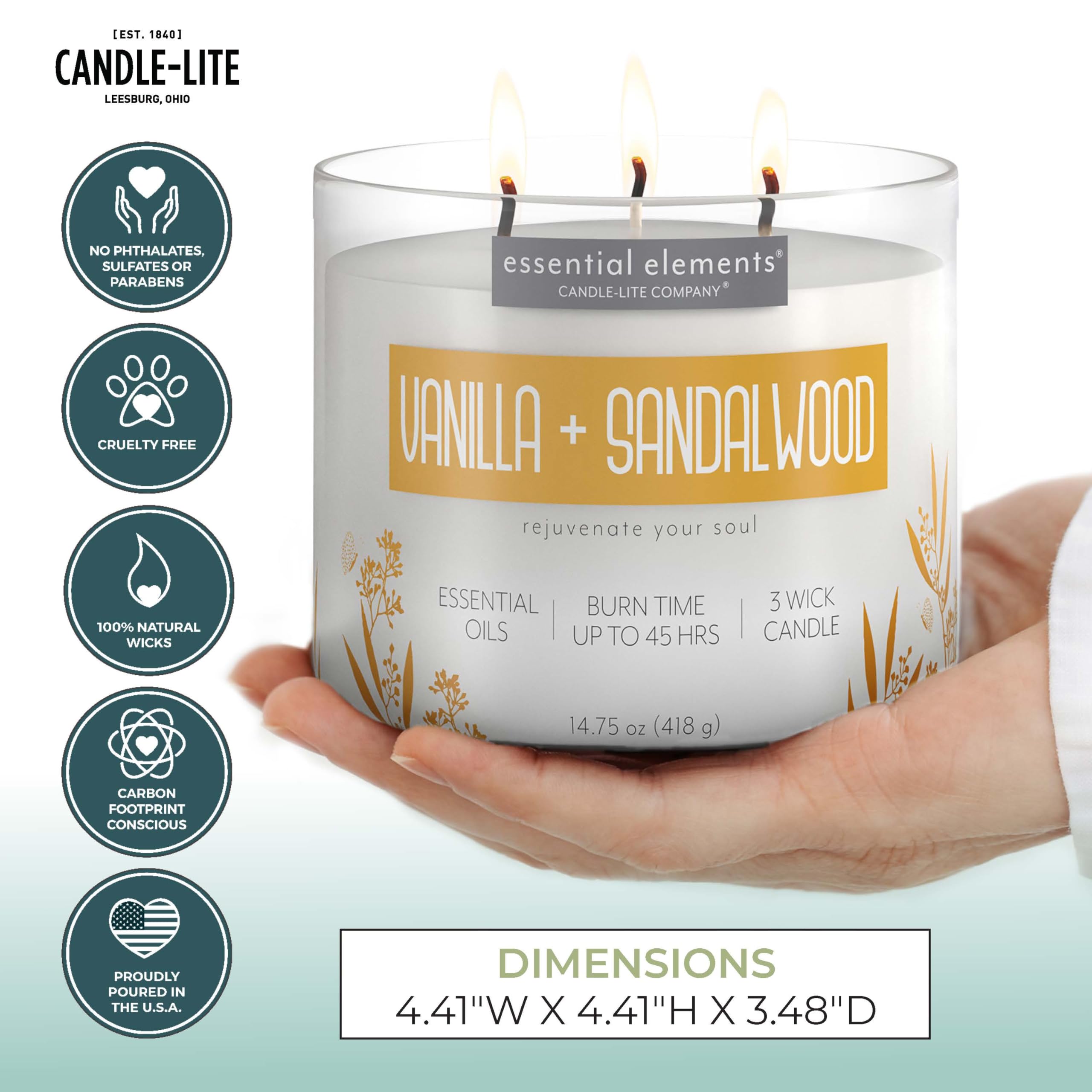 Essential Elements by Candle-lite Scented Candles, Vanilla & Sandalwood Fragrance, One 14.75 oz. Three-Wick Aromatherapy Candle
