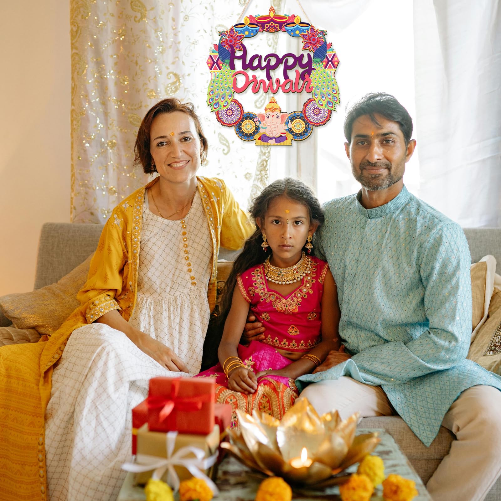 COCHIE Happy Diwali Sign Door Decorations, Indian Festival of Light Wood Wreath for Front Door Porch Window Wall Hanging Decor,