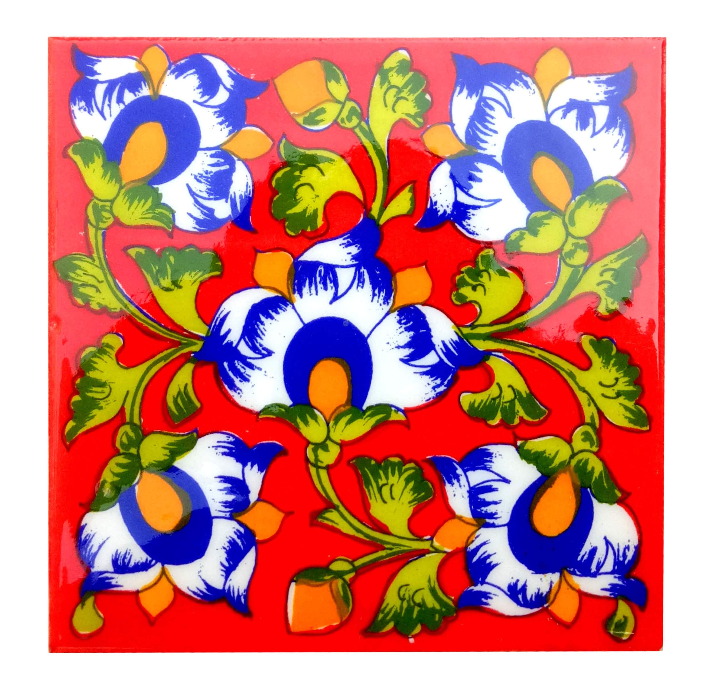 Shivkripa Blue Art Pottery Ceramic Decorative Handmade Tiles (15 X 15 X 0.5 Cm, Multicolour) - Pack Of 6