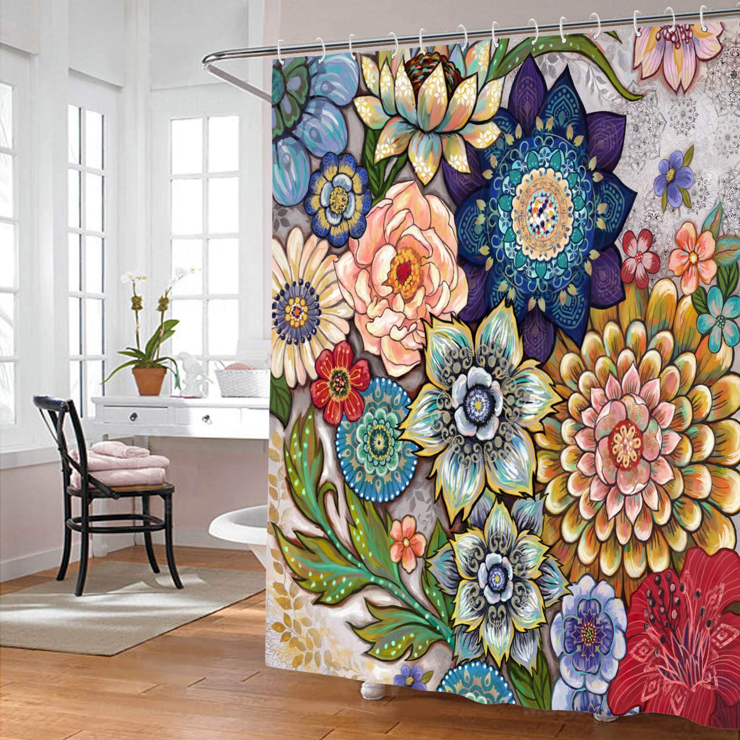 Neasow Boho Floral Shower Curtains For Bathroom, Bright Fabric Blossom Shower Curtain With 12 Hooks, Multi Color 72''  72''